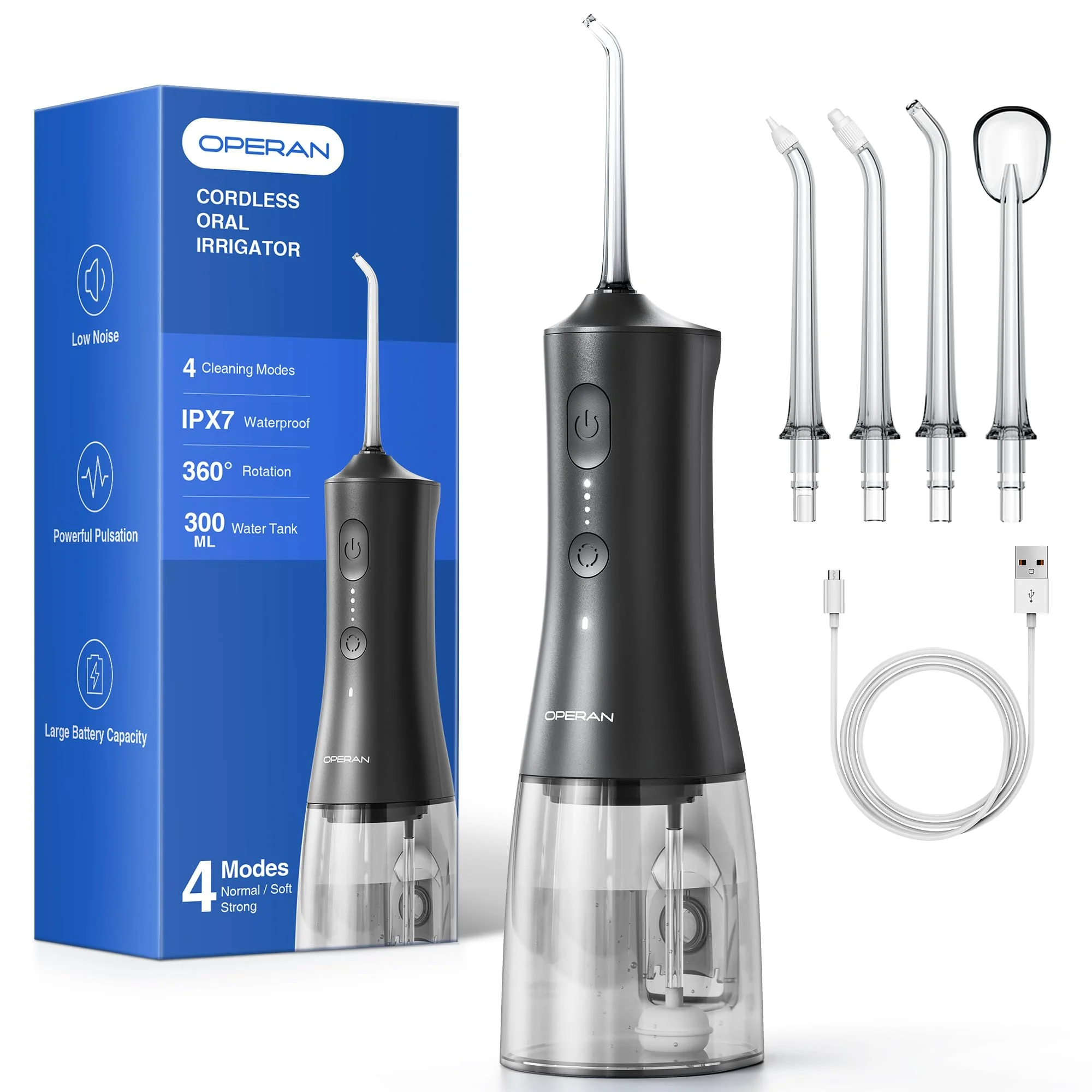 Operan Munddusche Kabellos, Tragbar Elektrische Zahndusche, Graphit | Munddusche mit 300 ml Fassungsvermögen, IPX7 wasserdicht, für Kieferorthopädie & empfindliches Zahnfleisch, 1 Pack + 4 Modi