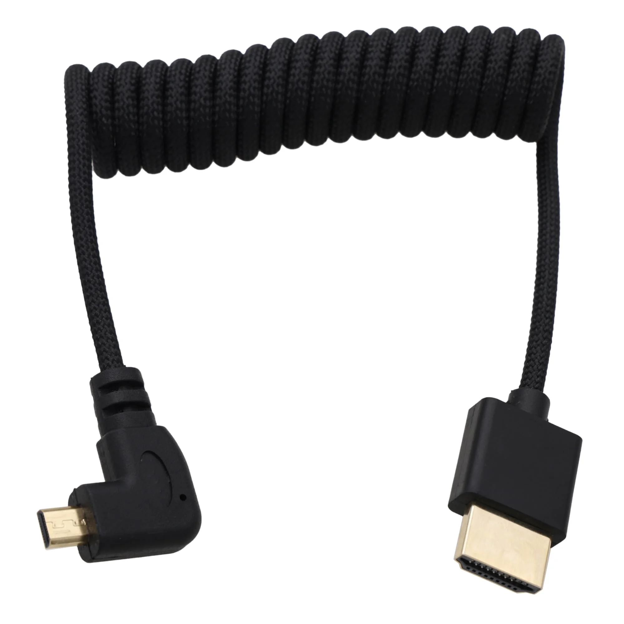 HangTon Linkswinkliger Micro HDMI zu HDMI 8K 4K 60p Spiralkabel für Ninja V Monitor, Sony A7C R, Canon R6 mkII, XT30II, Lumix S9 Kamera, Typ A zu Typ D, Schwarz geflochten