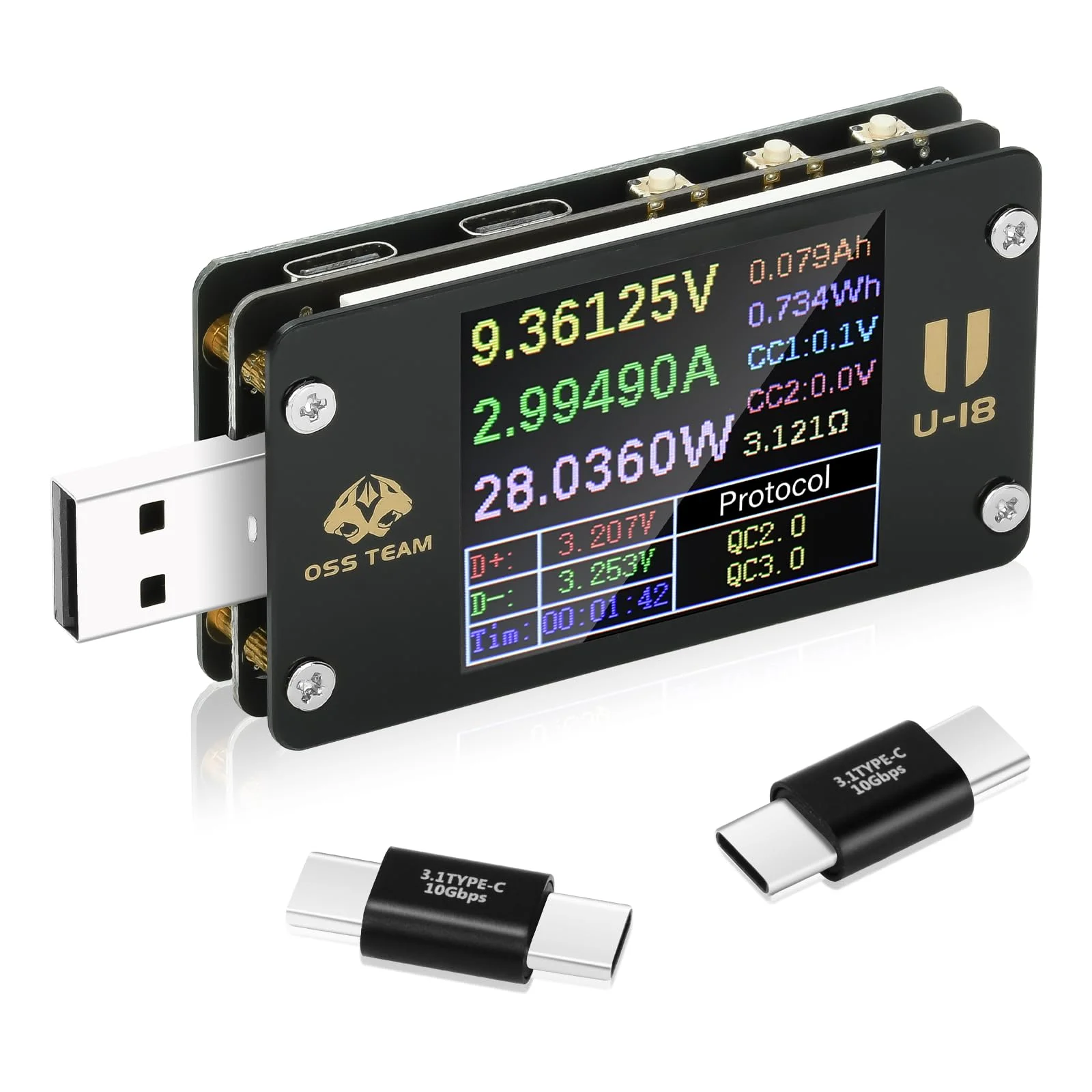 diymore USB Tester Messgerät USB Strommessgerät 1.77inch LCD 2-in-1 Digital Multimeter, Spannung Voltmeter, Leistungskapazität, Innenwiderstand des Drahtes, Power Meter mit Typ-C Adapter