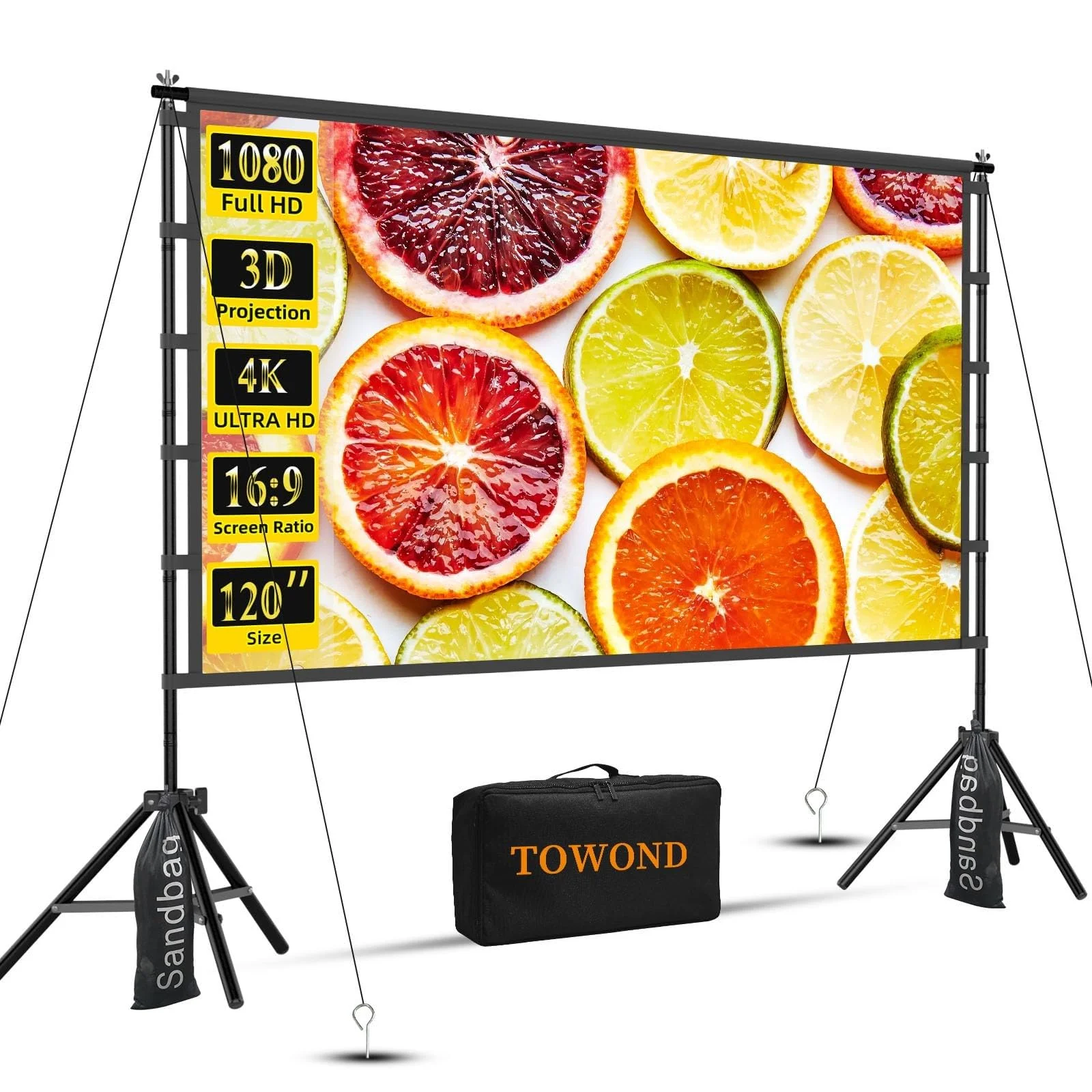 120 Zoll Outdoor Beamer Leinwand mit Stativ 16:9 4K HD Projektorleinwand | Faltbare Tragbare Projektor Leinwand für Heimkino Garten, Vorne Rückprojektion, Waschbar Faltenfrei Polyester mit Tragetasche