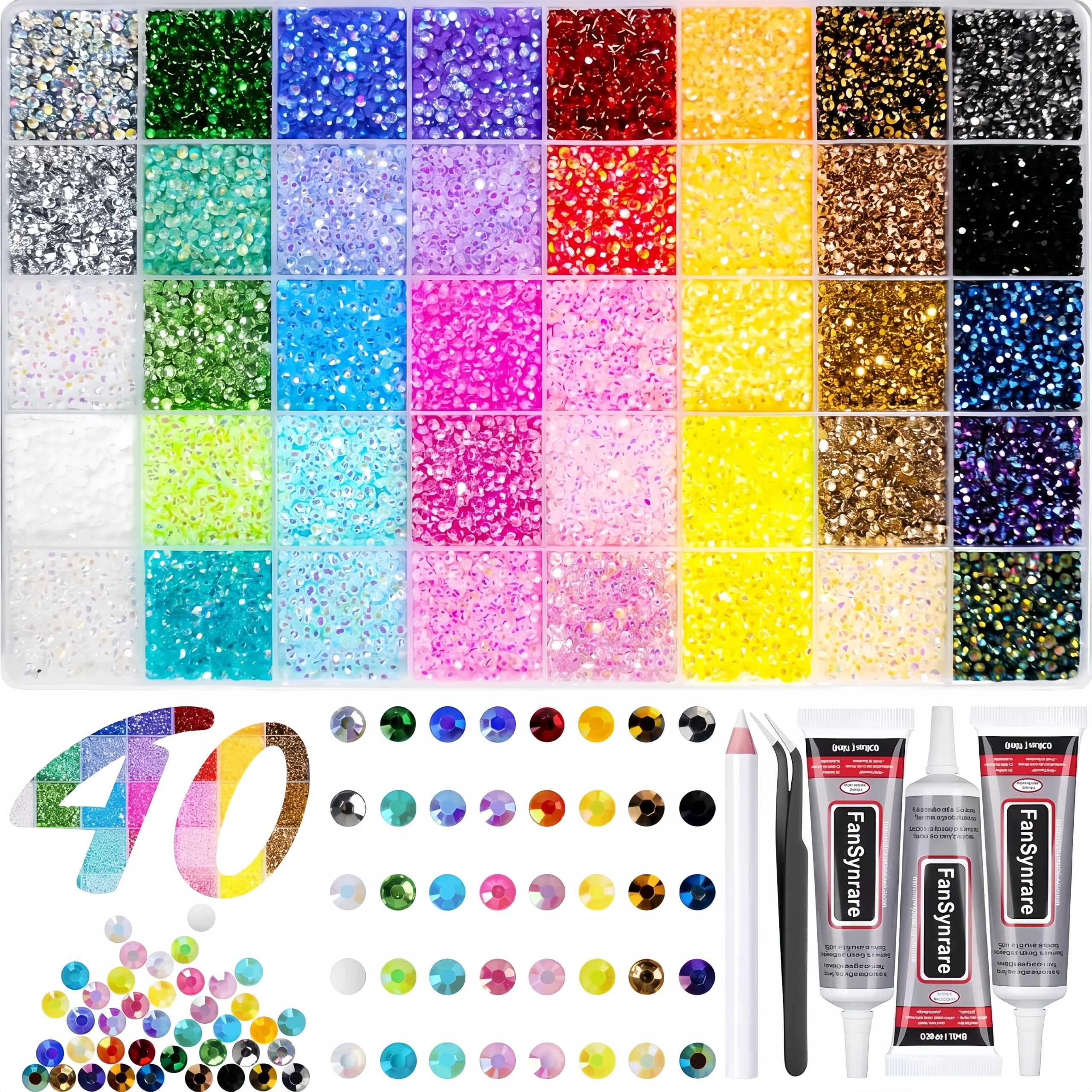 Bedazzling‑Kit 32000 Stück 40 Farben Harz‑Jelly‑Strasssteine für DIY | 3mm flache Glitzersteine,Mehrzweckkleber, Pickstift, Pinzette, Zubehör. Für Nägel,Kleidung, Schuhe,Handyhüllen,DIY‑Basteln