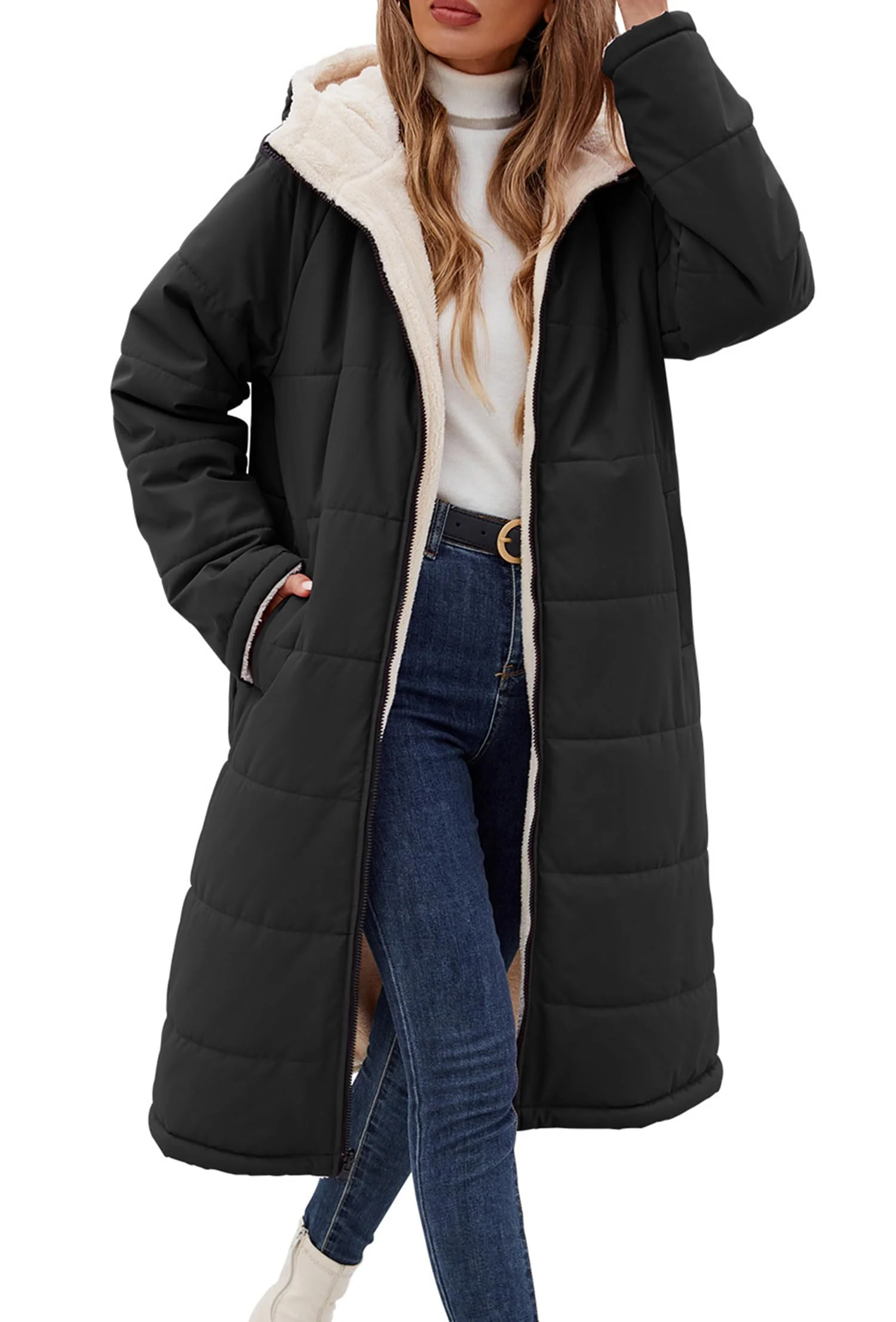 Vancavoo Wintermantel Damen Lang Gefütterte Winterparka Steppmantel | Winterjacke Wendejacke mit Fleece, fester Kapuze, durchgehendem Reißverschluss und Taschen