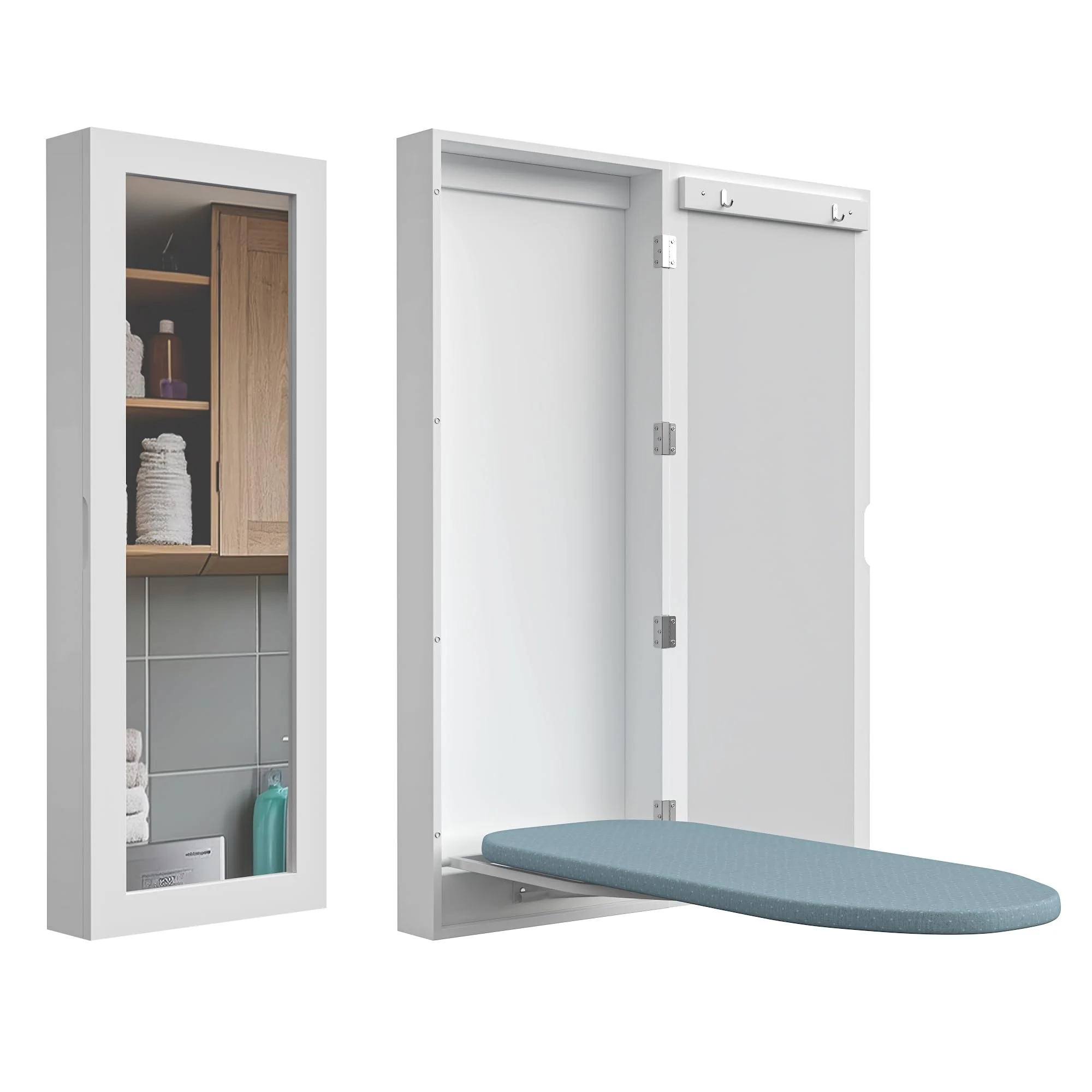 Organizedlife Slim Wall Mounted Ironing Board Cabinet, 180° schwenkbare Metallbasis & Spiegel, Faltbare Bügelbretter für Wäsche, Keine Montage erforderlich, platzsparend