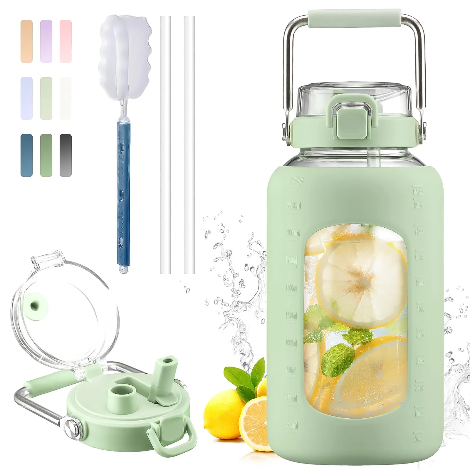 BLUEGO 2500ml Trinkflasche Glas mit Edelstahlgriff 2,5L große Wasserflasche mit Zeitmarkierungen und Silikonhülle Halbe Gallone Wasserkrug BPA-frei für Sports Täglicher Gebrauch, Hellgrün