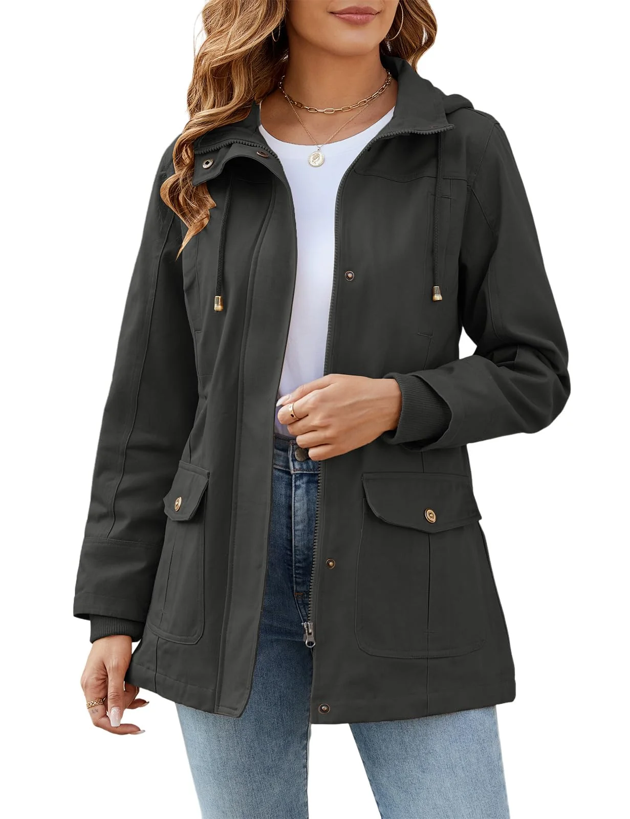 Vancavoo Übergangsjacke Damen Jacke Kurzmantel Herbstjacke aus Baumwolle | Leichter Frühjahrsjacke mit Taillenkordelzug, Reißverschluss und Taschen für Frühling, Herbst und Alltag