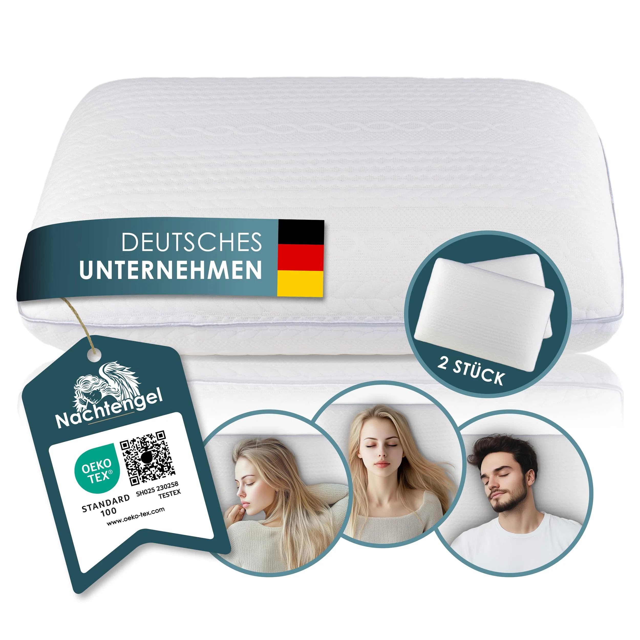 Nachtengel Schlafkissen orthopädisch Memory Foam – 2er Set, 12cm | Ergonomisches Kopfkissen gegen Nackenschmerzen für alle Schlaftypen – Rücken-, Bauch- & Seitenschläfer, 2er Set, 12cm, weiß