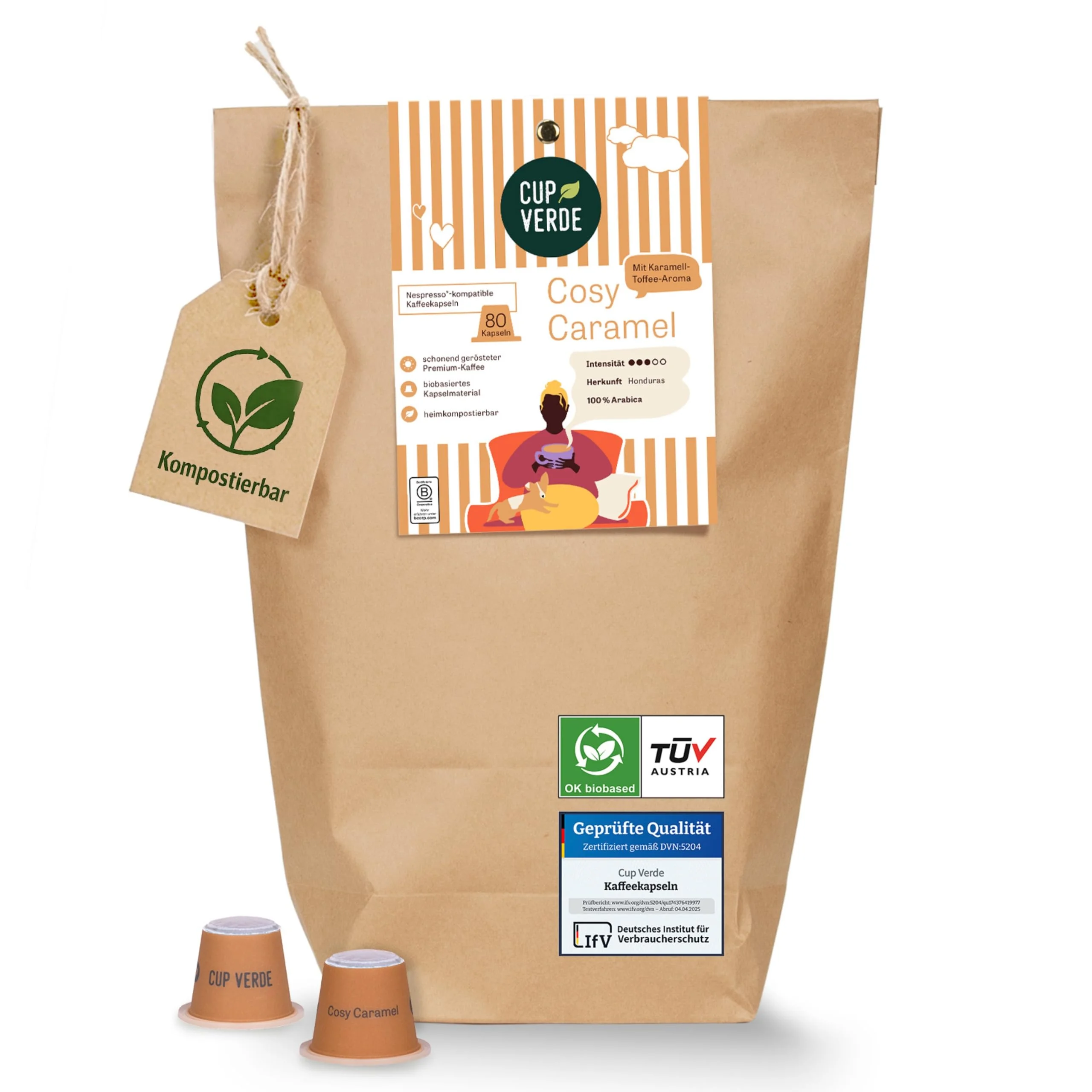 CUP VERDE Cosy Caramel Kaffeekapseln kompostierbar - [30 Kapseln - kompatibel mit Nespresso®] - Kaffee - 100% Arabica - ohne Aluminium - Karamell - Kapselkaffee - Röstkaffee - Kaffeegenuss - Vegan