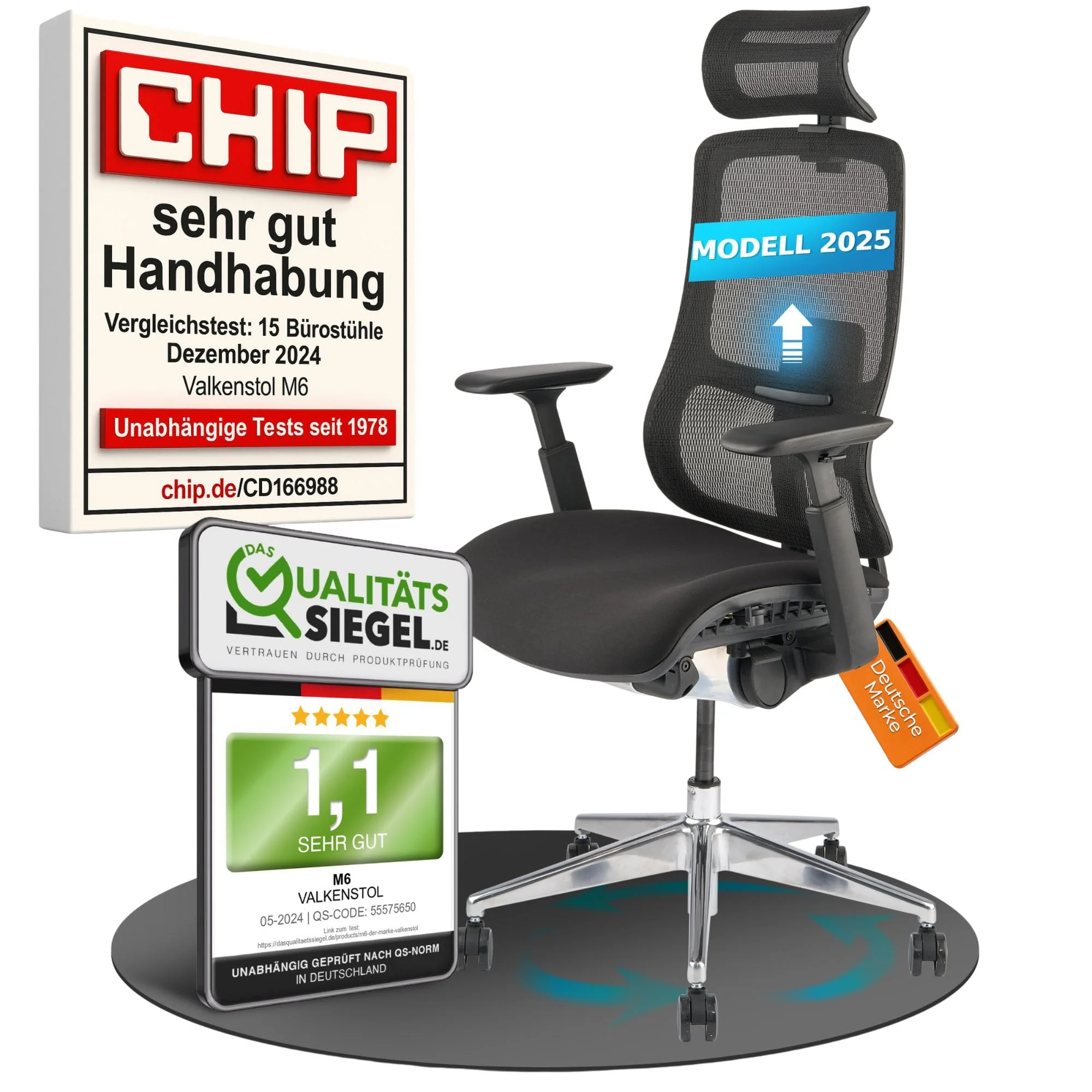 VALKENSTOL M6 Bürostuhl Ergonomisch TESTSIEGER für Grosse Menschen - stabil | Einstellbare Sitztiefe - Lordosenstütze - Verstellbare Rückenlehne - Chefsessel Bürostuhl bis 150 kg für Gesundes Sitzen