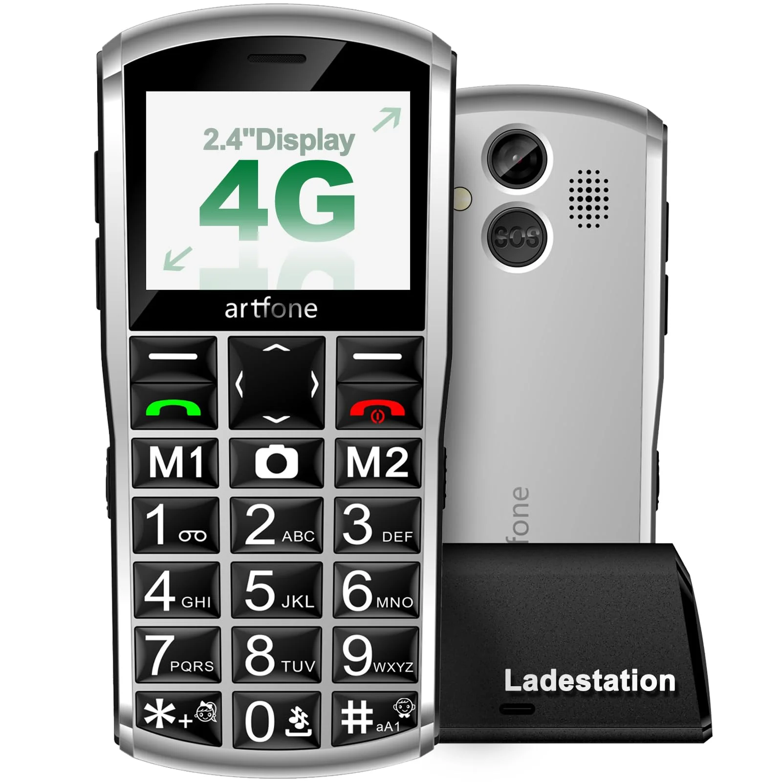 artfone 4G Volte Seniorenhandy ohne Vertrag | Großtasten Rentnerhandy mit Notruftaste & 1800mAh Akku, Dual-SIM Tastenhandy mit Tischladestation | Einfaches Mobiltelefon für Senioren, 2,4" Display