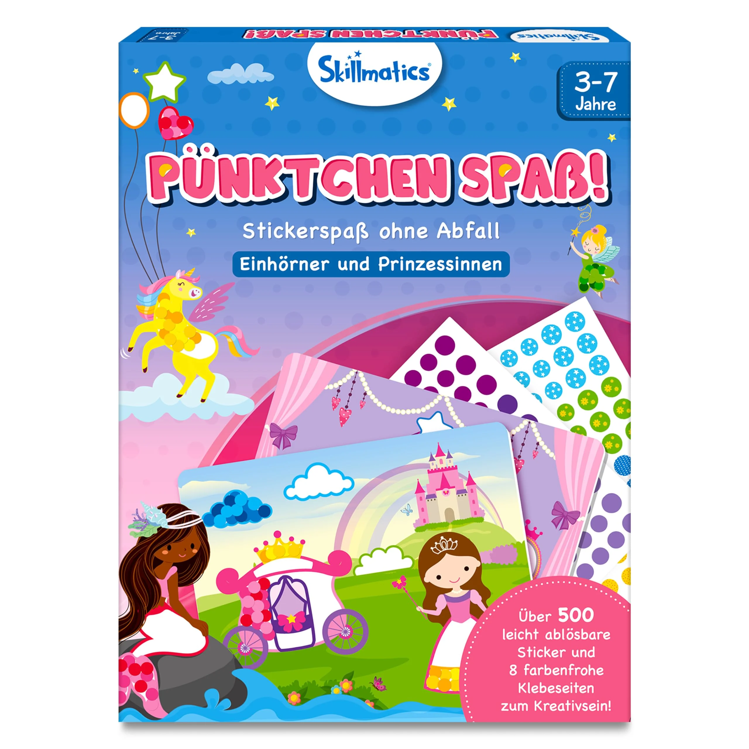 Skillmatics Bastelaktivität - Pünktchen spaß! | Stickerkunst ohne Saubermachen, Geschenke für Kinder von 3 bis 7, Vervollständige 8 Bilder voller Prinzessinnen & Einhörner