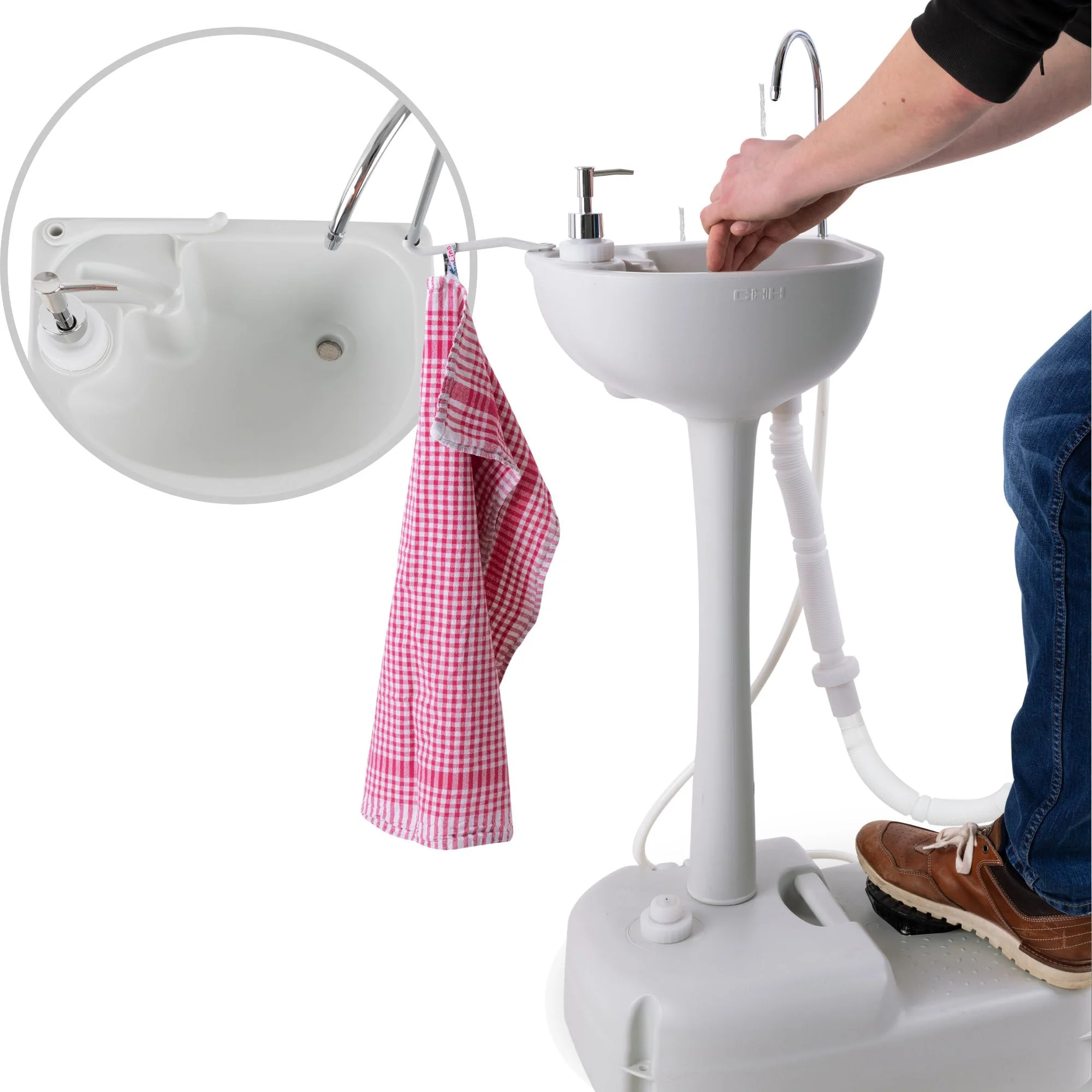 Stagecaptain PSW-17 Quixie Portables Festival Camping-Waschbecken - Mechanische Fußpumpe - Wassertank mit 17 Liter - Spülbecken Inklusive Spender für Flüssigseife und Handtuchhalter - hellgrau