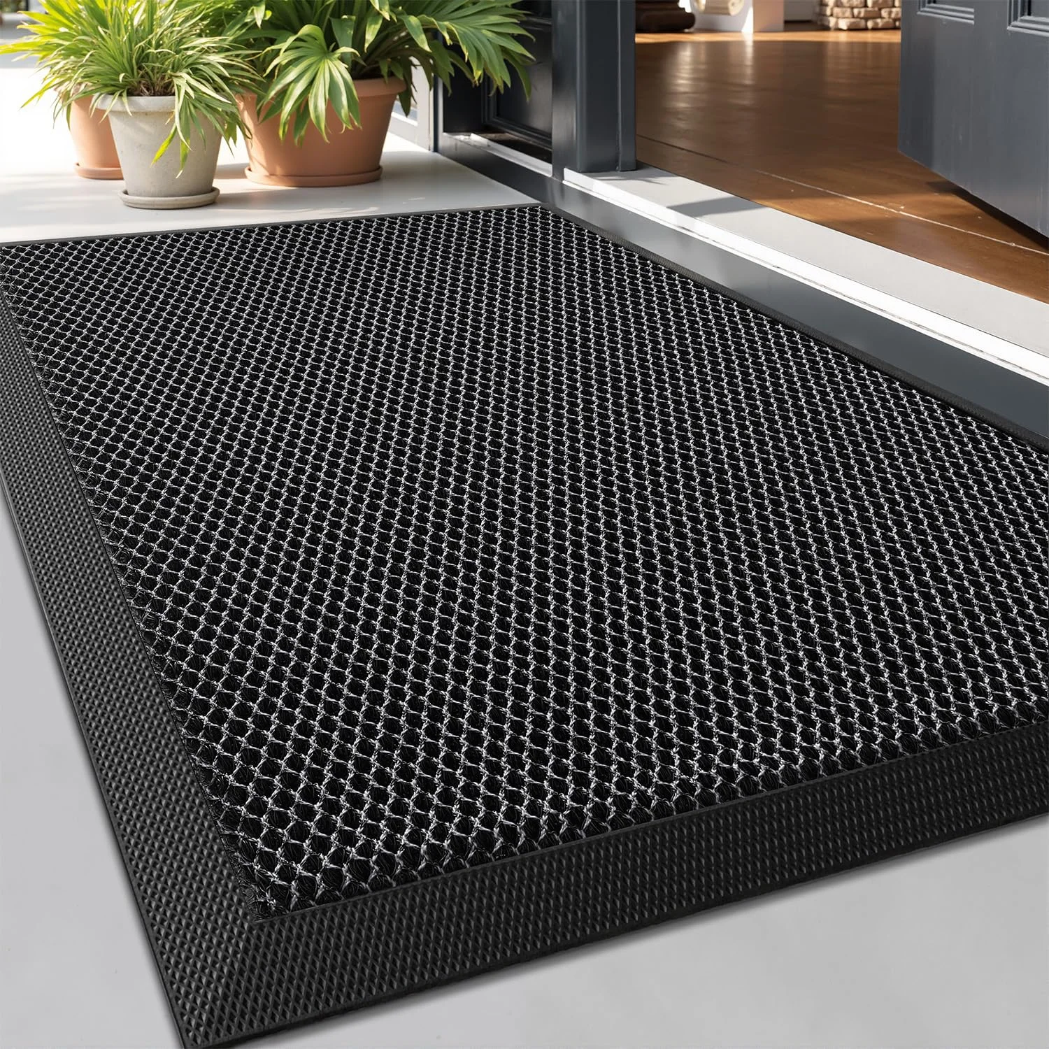 LUMI Fußmatte Außen, Schmutzfangmatte, rutschfest, 60 x 90cm, Dunkelgrau | Fängt Schmutz auf, schnelltrocknend mit rutschfester Unterseite, schmutz- und farbbeständig für Eingang, Terrasse und Garten