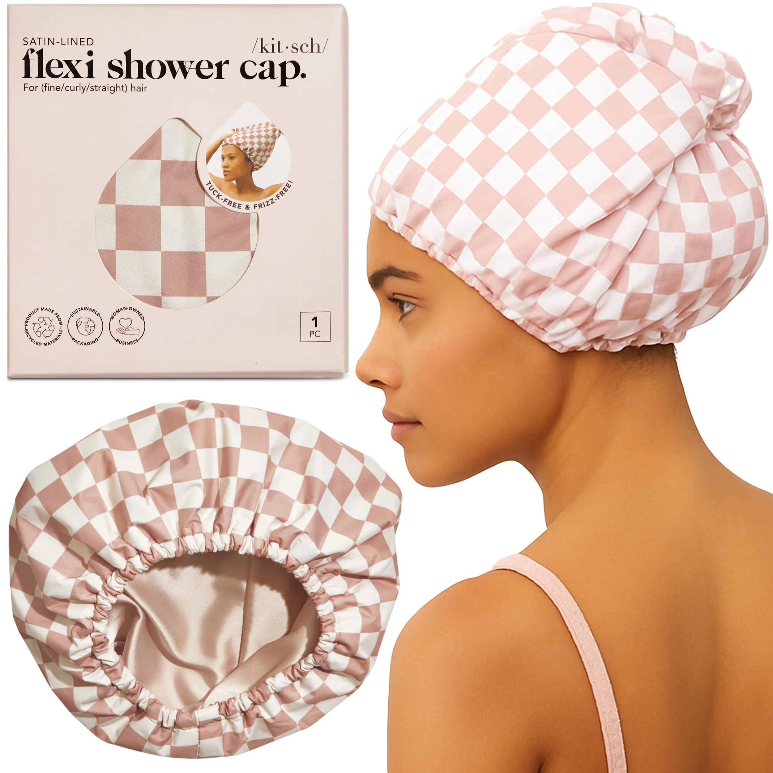 Kitsch Luxuriöse Duschhaube Damen - Terracotta Checker | Duschhaube Damen Wasserdicht, Flexi-Satin Gefüttert Shower Cap, Rutschfest, Schnelltrocknend, Verstellbar, Badekappe Damen