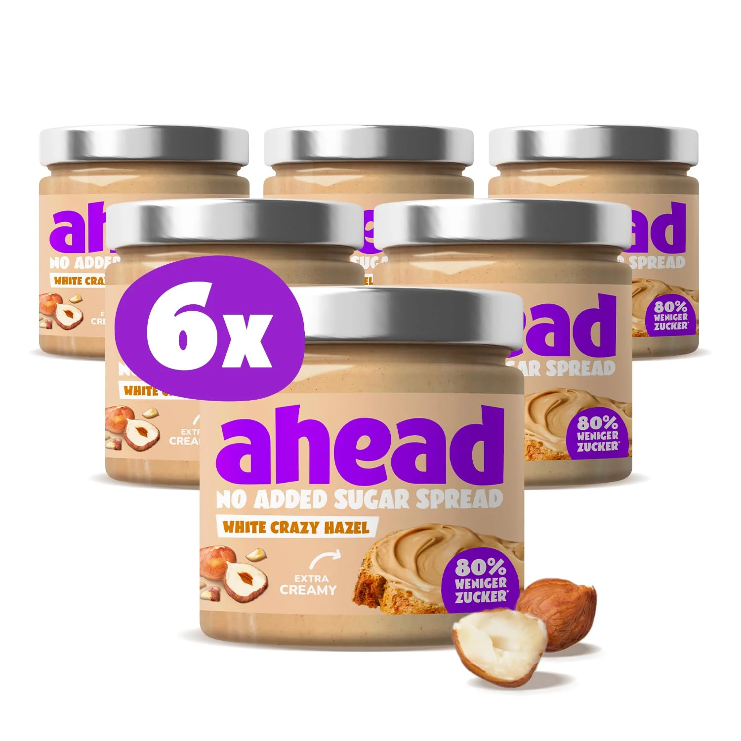 ahead WHITE CRAZY HAZEL | 6 x 200g Haselnusscreme ohne Zuckerzusatz | Super leckerer Schokoaufstrich mit 80% weniger Zucker* | Ohne Palmöl, glutenfrei & vegetarisch | Zuckerarmer Brotaufstrich