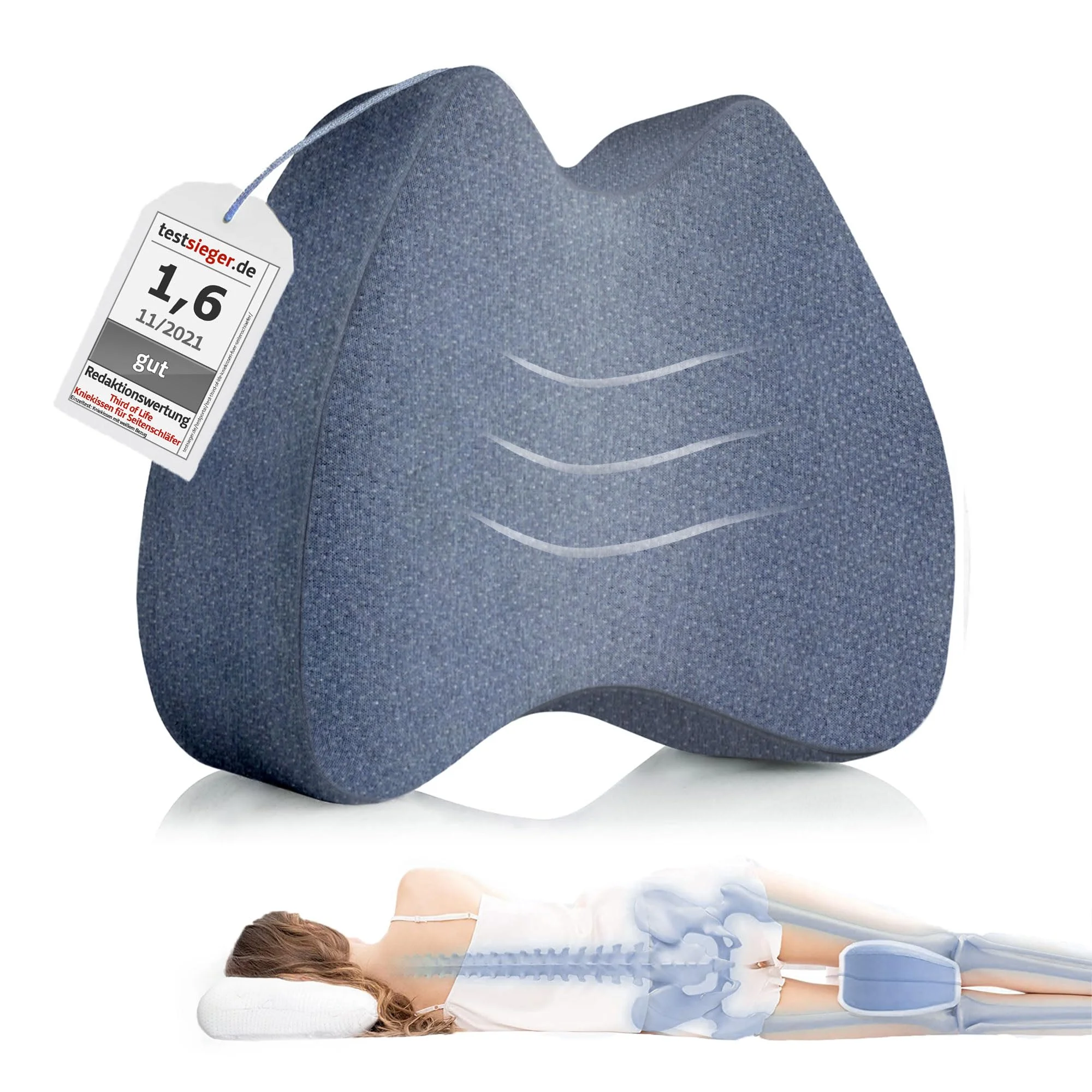Kniekissen für Seitenschläfer mit Thermo-Bezug, Ergonomisches Bein-Kissen | Lagerungskissen aus visco-elastischem Memory-Foam für erholsamen Schlaf, Waschbarer Bezug, Schnelltrocknend & Atmungsaktiv