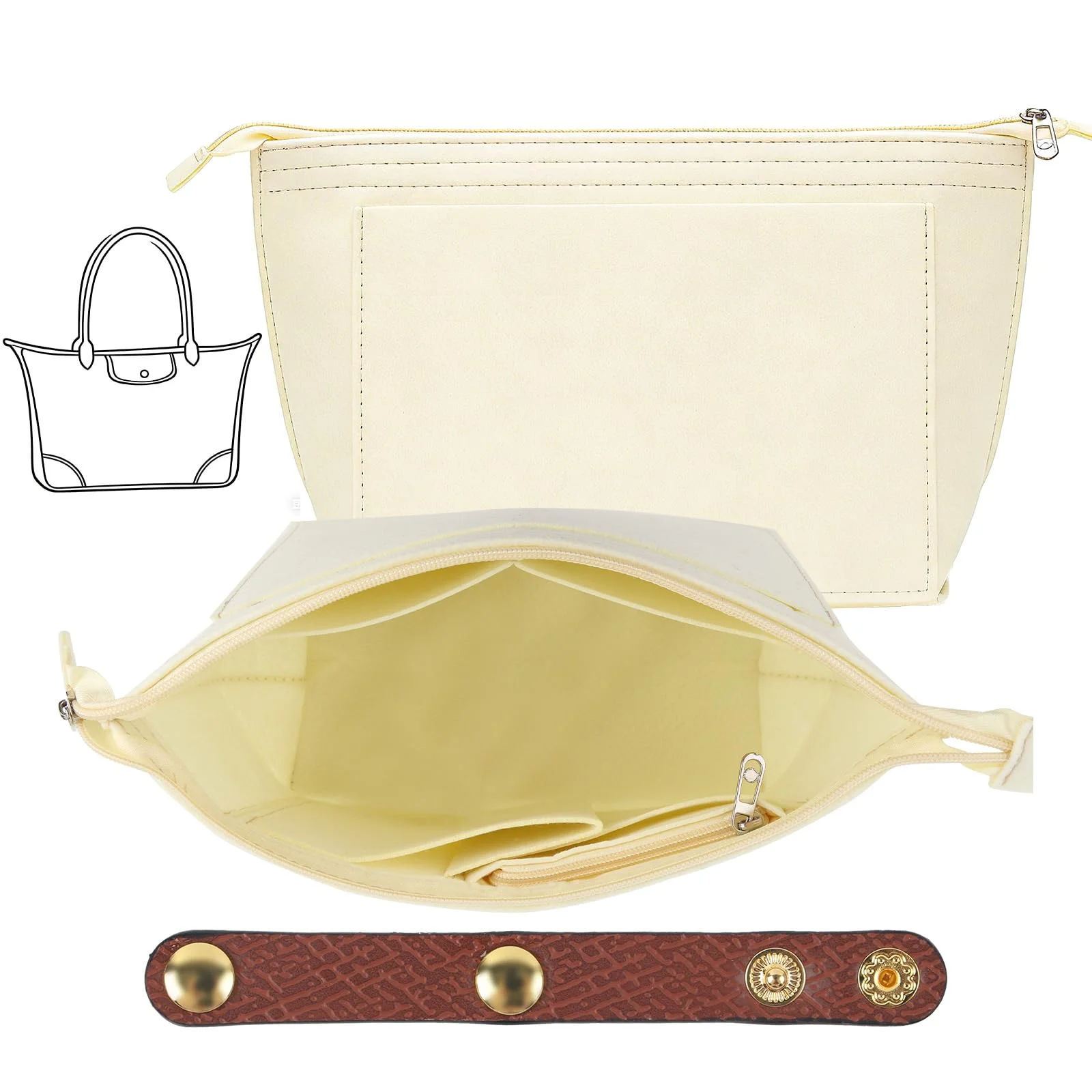 Tantanbear Taschen Organizer, Beige Größe L Taschen Innen Organizer Filzstoff, Mehrtaschen Organize r Für Tas-chen Innen With Zipper, Große Kapazität Handtaschenorganizer Mit Schultergurtschnalle