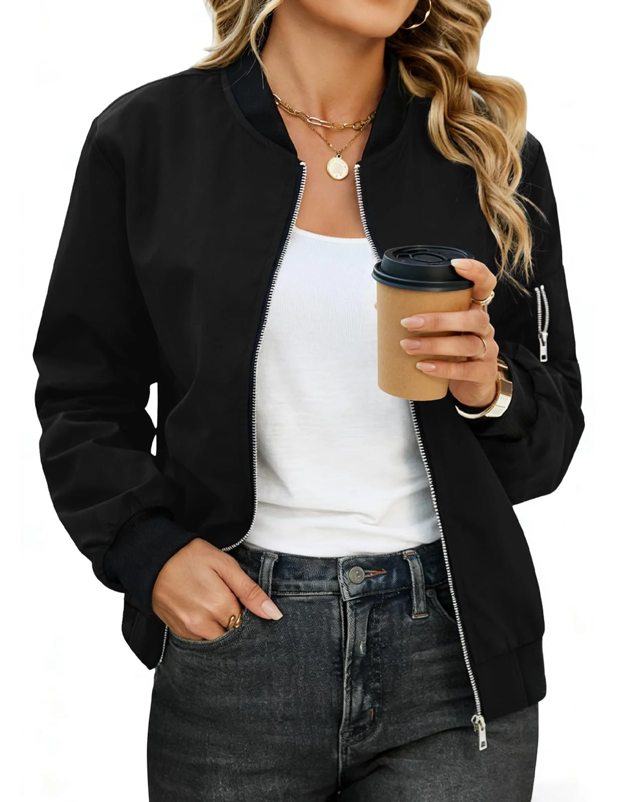 CMTOP Bomberjacke Damen Kurze Leichte Zip Up Übergangsjacke Winddichte | Pilotenjacke Mit glatten Metallreißverschlüssen,Reißverschlusstaschen,casual Jacke für Übergangszeit