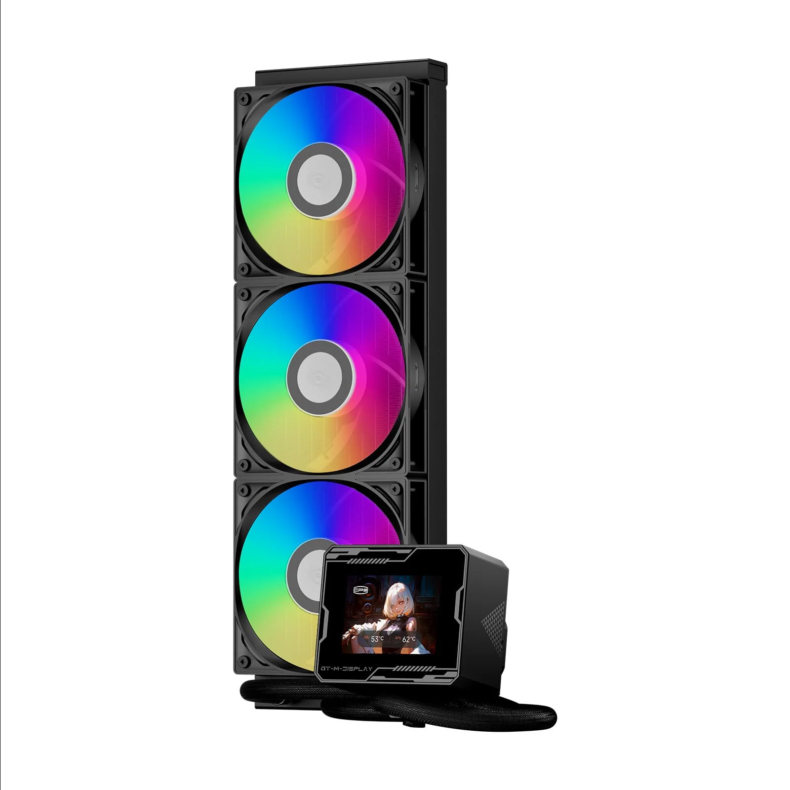 CPS GT360M ARGB Display BK, AIO CPU Kühler TDP 300W mit 2,8 Zoll IPS Bildschirm, Flüssigkeitskühlsystem mit 3 ARGB PWM Lüftern, für Intel LGA 1851/115X/1700/1200 & AMD AM5/AM4