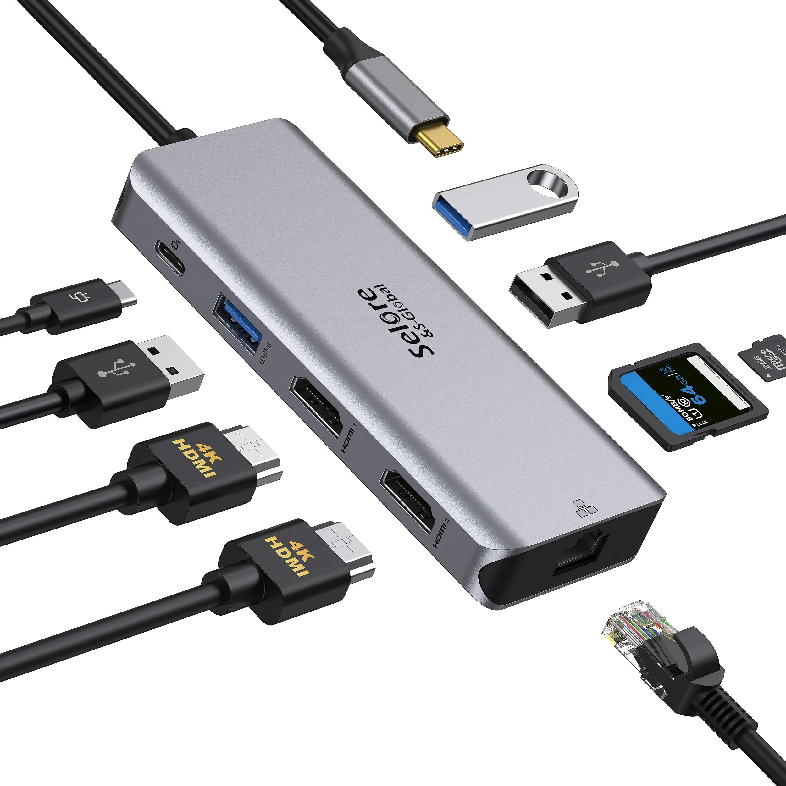 USB C Docking Station, SELORE 9 in 1 USB C Hub 2 HDMI Dual Monitor | Gigab Ethernet, USB 3.0&USB 2.0, 100W PD, SD/TF,kompatibel für MacBook Pro,MacBook Huawei,Dell XPS Tablette Type C
