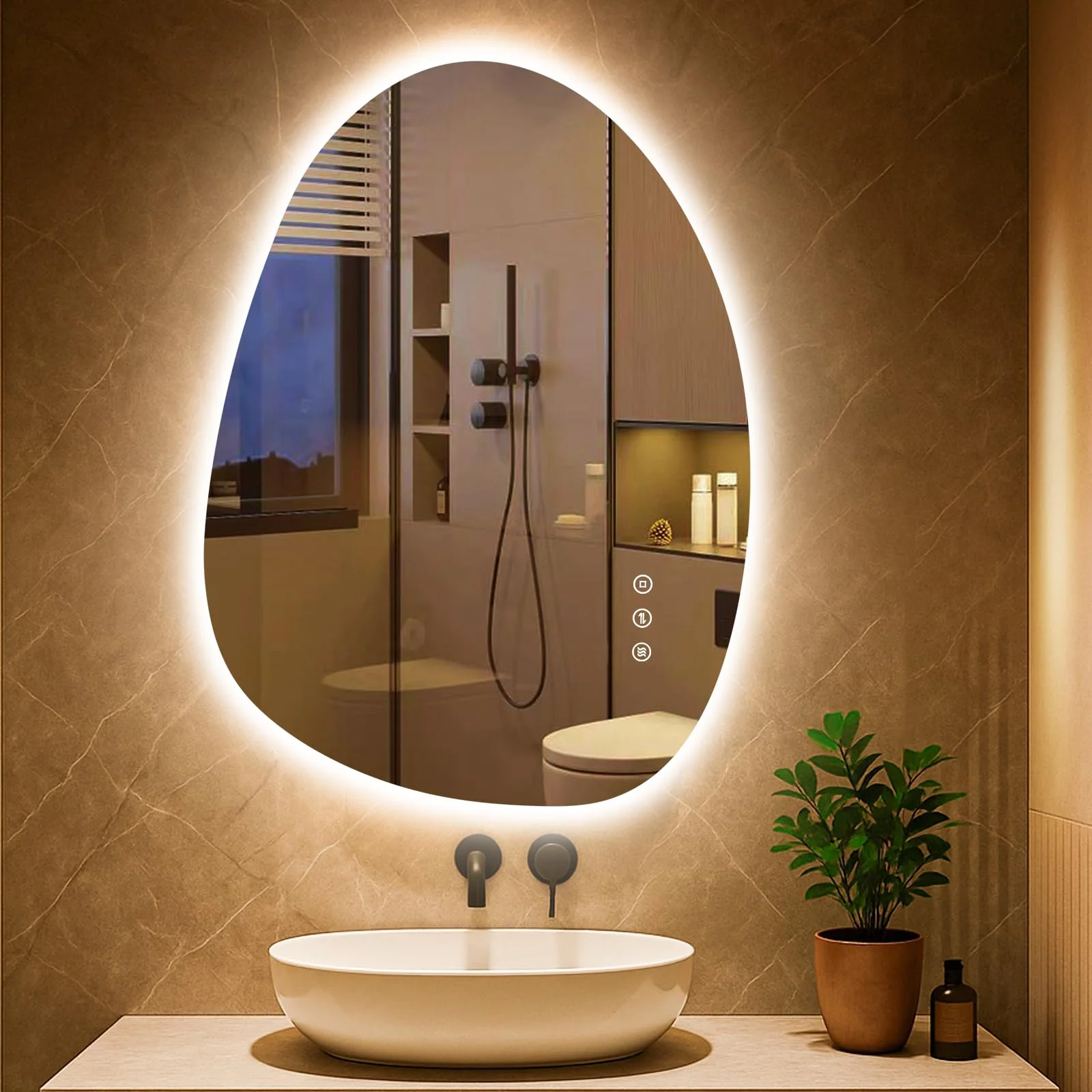 PESENXAN Asymmetrischer LED-Badspiegel mit Beleuchtung 75x55 cm, Beschlagfrei, 3 Lichtfarben Einstellbare Spiegel Bad mit Beleuchtung,Dimmbar, mit Memory-Funktion, Energiesparend,Horizontal/Vertikal