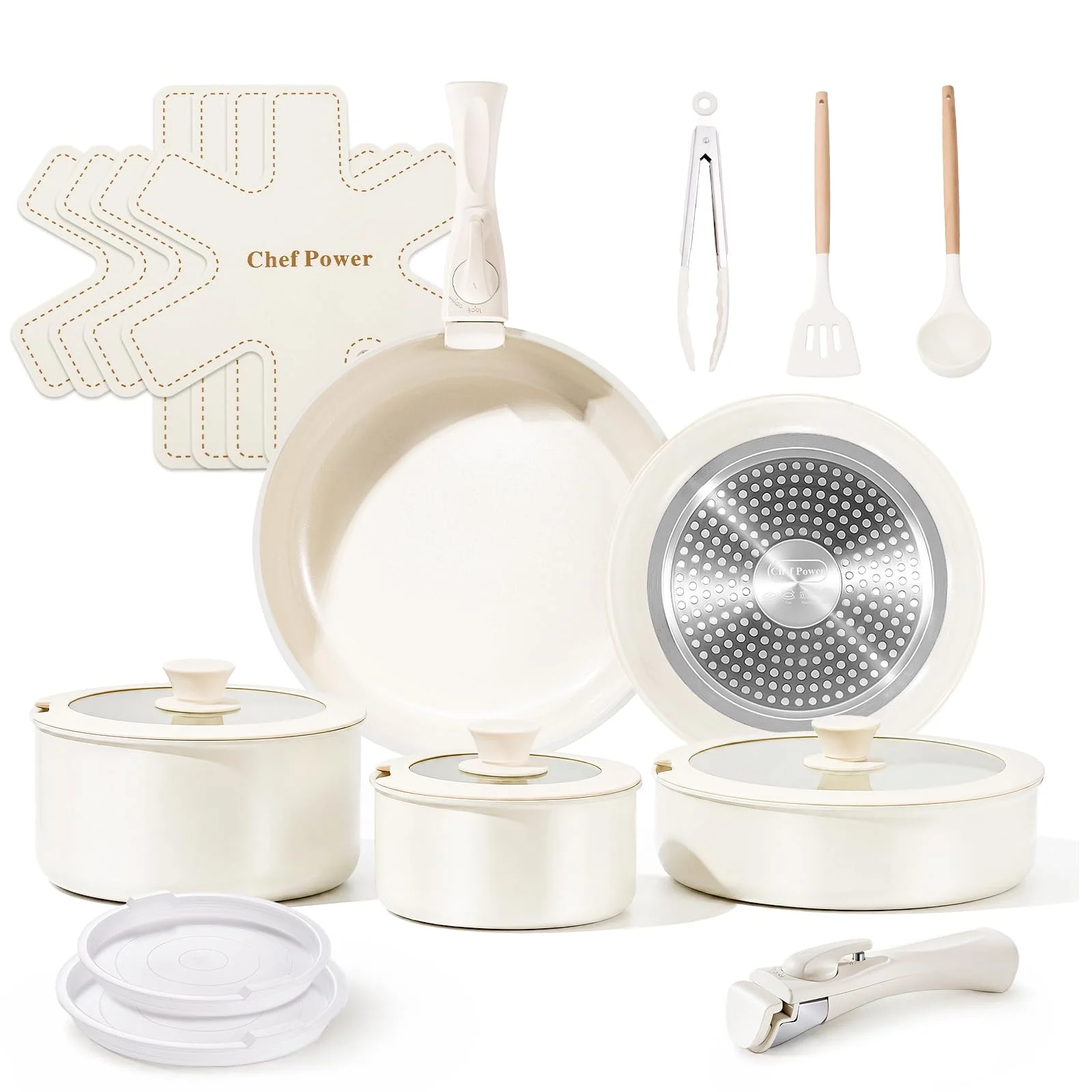 Chef Power 19-teilig Pfannenset Topfset mit abnehmbaren Griffen, Titan-Keramik-Antihaft Kochgeschirr Set, Pfanne 24/28cm, Schmorpfanne 26cm, Töpfe 16/20cm, für alle Herdarten, backofenfest, Weiß
