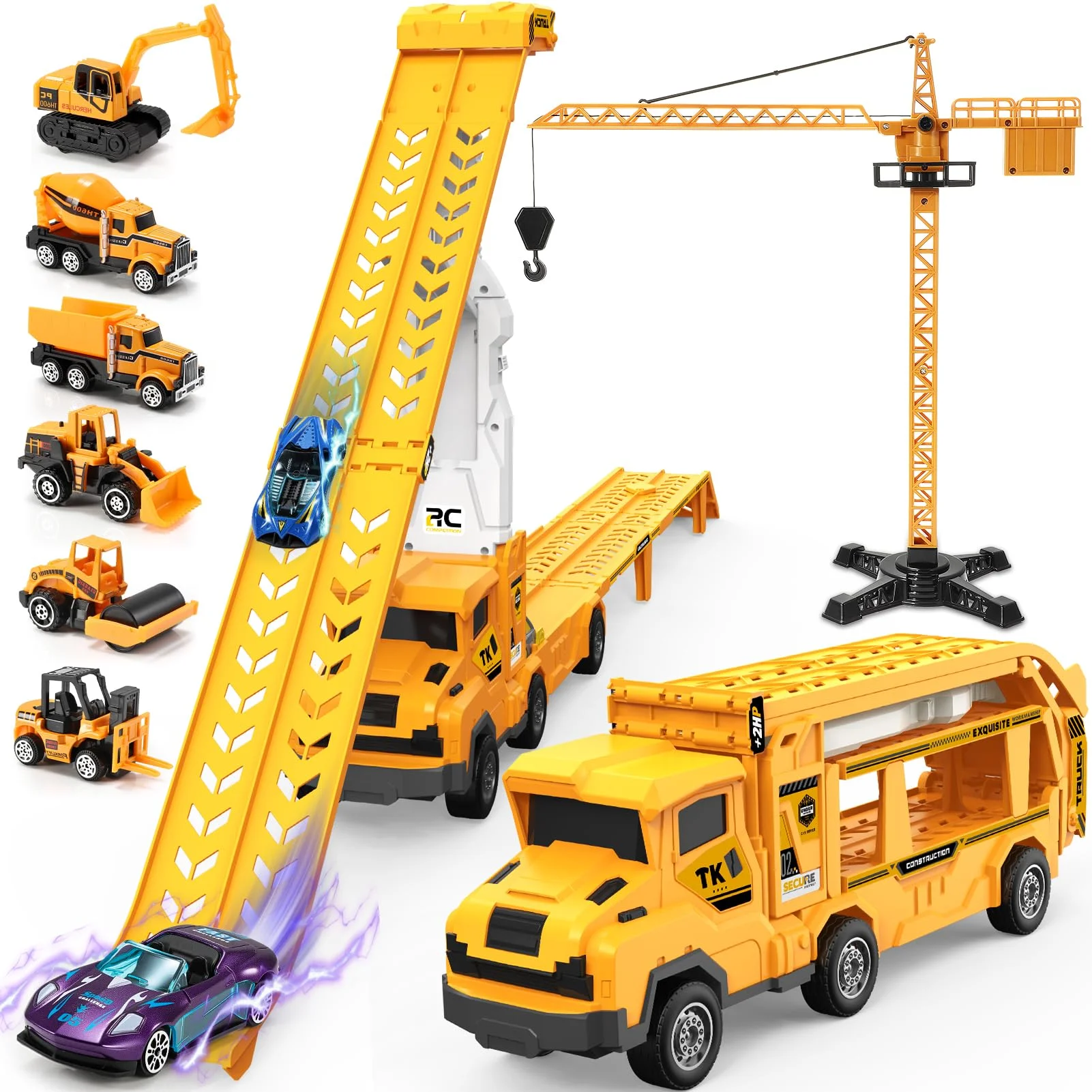 EUCOCO Spielzeug ab 3 4 5 6 7 8 Jahre Junge,Technischer LKW Spielzeug ab 3-8 Kinder Transporter Truck mit 8 Rennautos Geschenk 3-10 Jahre für Kinder Geschenke für Jungen Halloween Weihnachten.