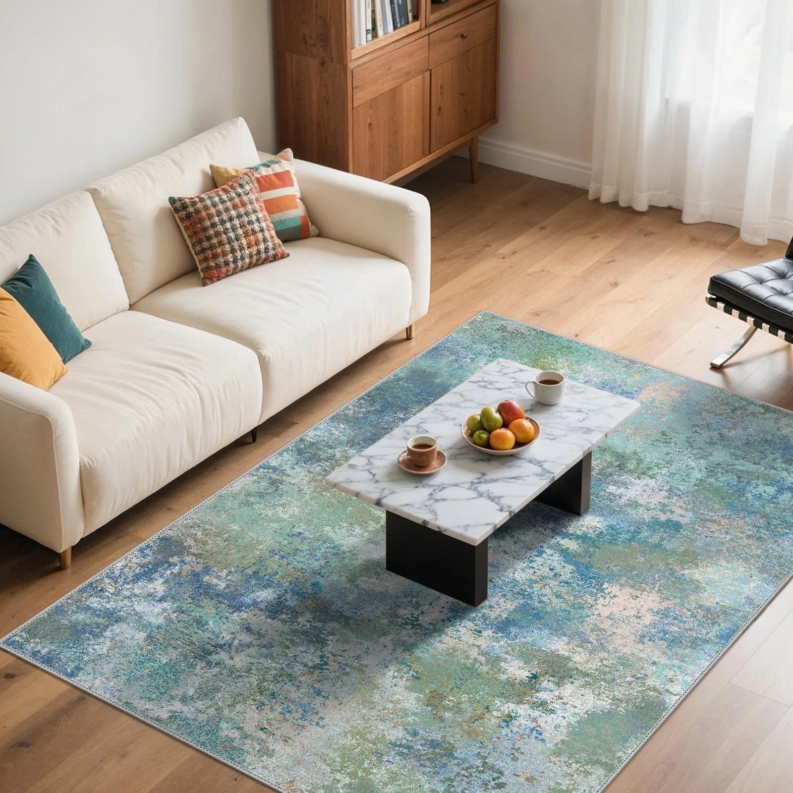 GENIMO Waschbarer Teppich Blaugrün 200 x 290 cm Modern Abstrakt Wohnzimmer Schlafzimmer rutschfest Kurzflor Weich Teppich für Wohnzimmer Esszimmer Büro