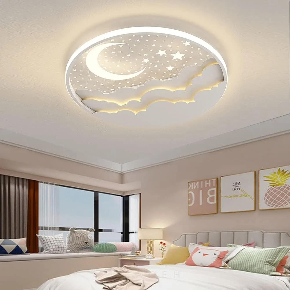AOEH LED Kinder Deckenlampe Stern Mond Deckenleuchte Für Kinder Acryl Lampenschirm Stufenloses Dimmen mit Fernbedienung Ultradünn 6Cm Schlafzimmer Decke Kindergarten Beleuchtung-D50cm,50W,Weiß