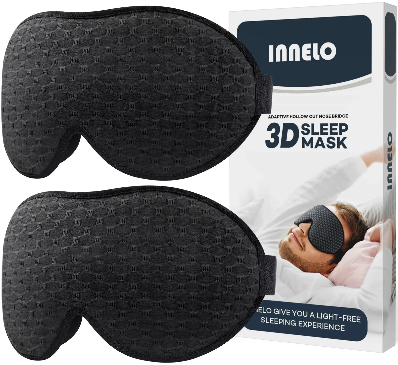INNELO 2er Pack Schlafmaske für Herren und Frauen, Bequeme Atmungsaktive | 3D Augenmaske mit tiefen Augenhöhlen und erhöhten Nasenpads, 100％ Lichtblockierende Schlafbrille für Reisen, Schwarz/Schwarz