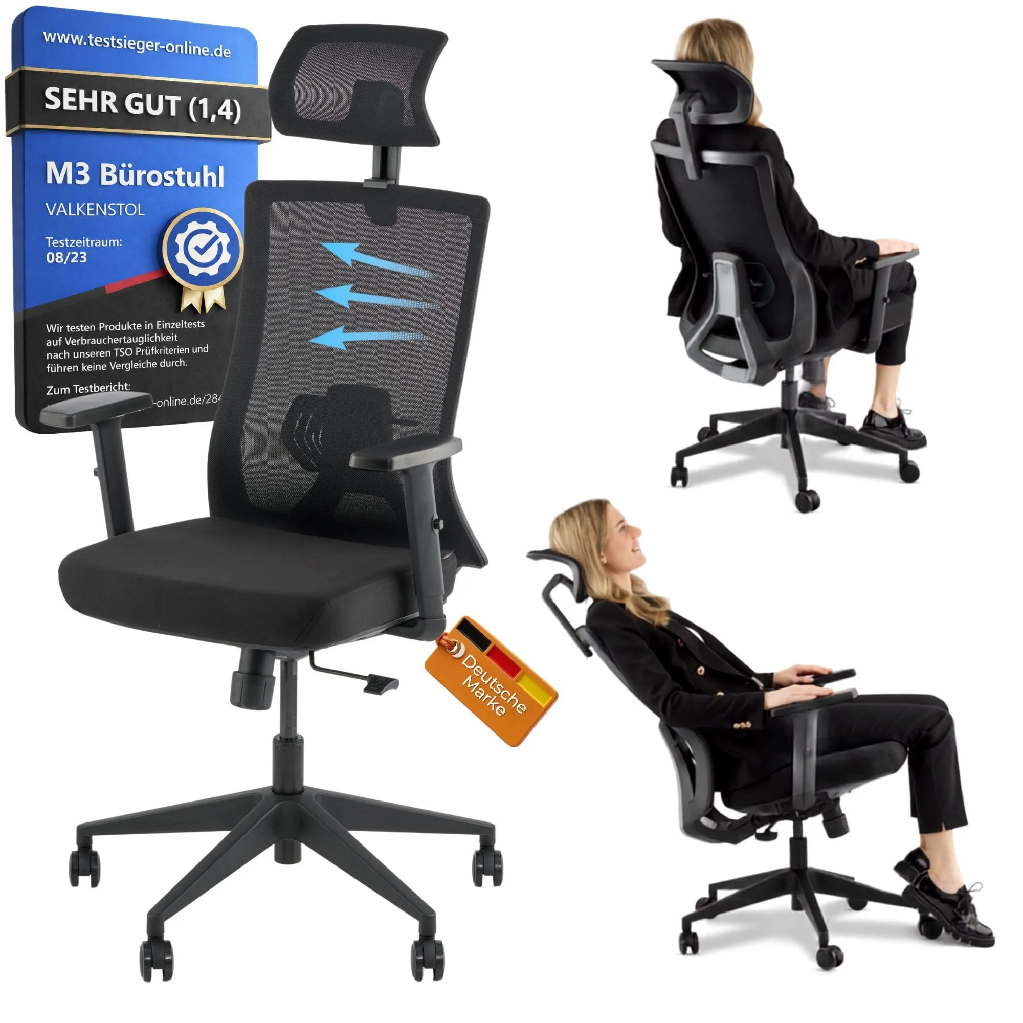 VALKENSTOL M3 Bürostuhl Ergonomisch TESTSIEGER - Büro & Home Office Chair | Bürostühle Individuell einstellbar - Maximale Bewegungsfreiheit - Rückenfreundlicher Schreibtischstuhl mit Lendenwirbelstütze