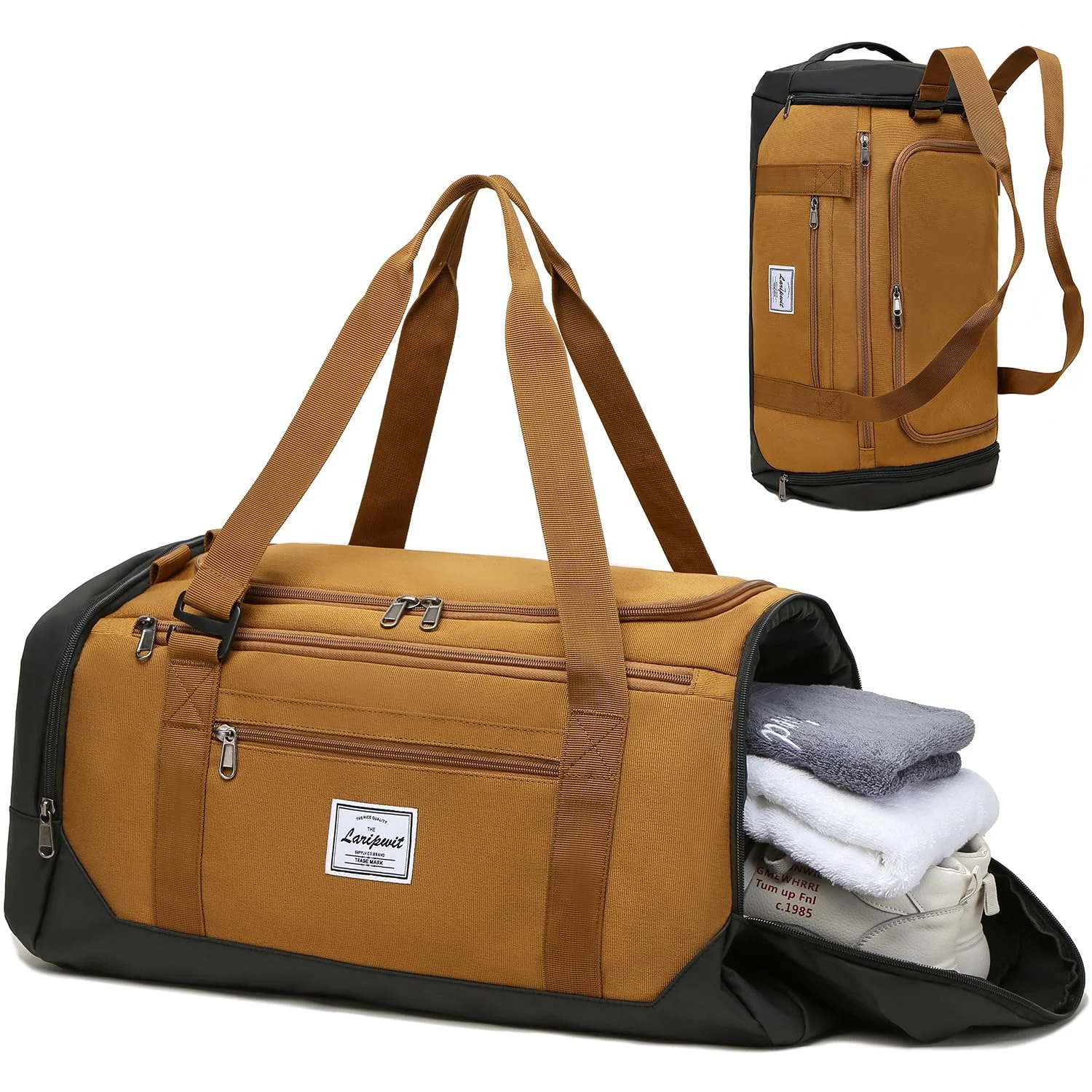 Laripwit Sporttasche Herren 40L Reisetasche Rucksackfunktion mit Schuhfach | Sport Gymtasche Mittel mit Nassfach Trainingstasche Damen Wasserabweisende für Fitness, Schwimmen, Sauna, Reisen, Braun