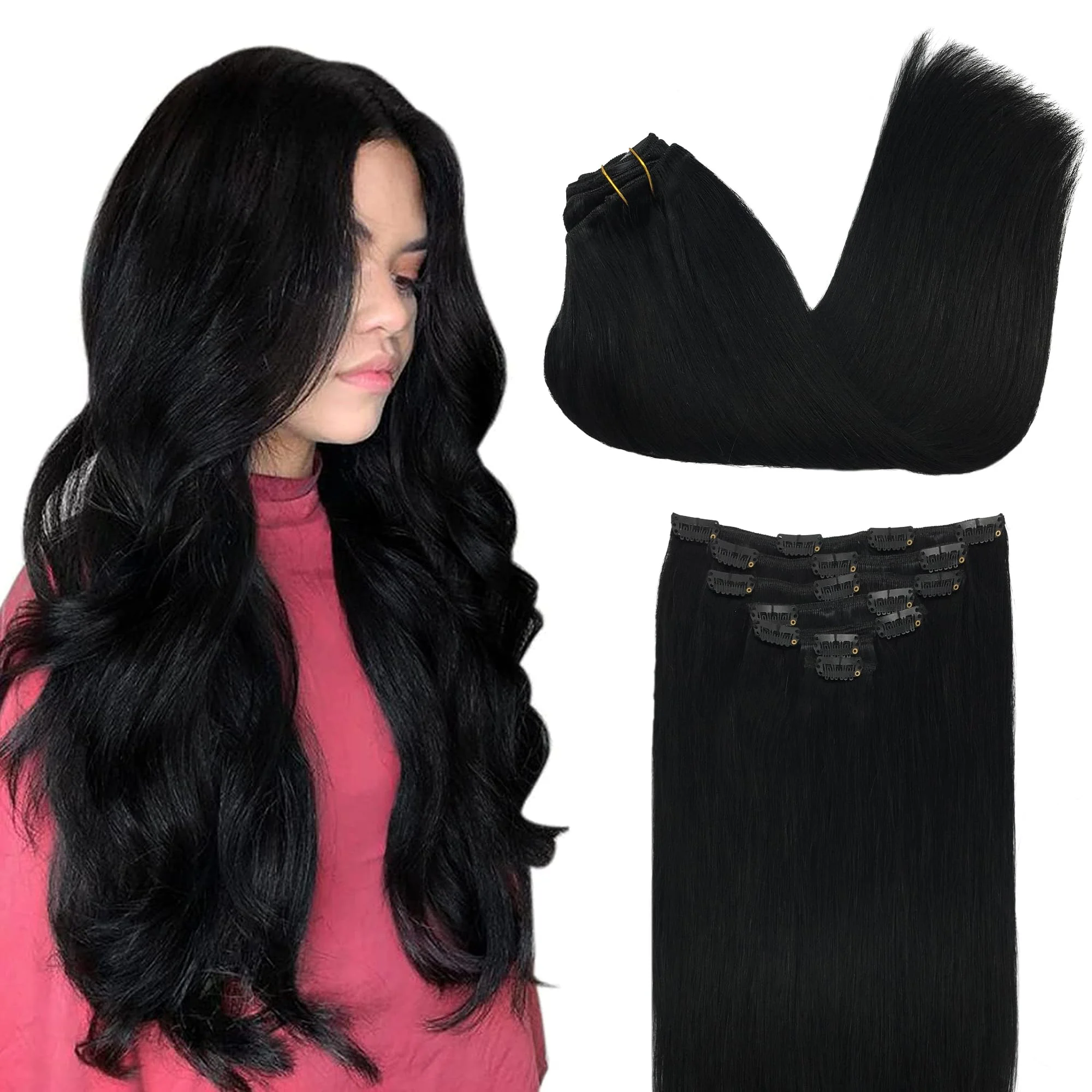GOO GOO Clip in Extensions Echthaar, Tief Schwarz, 40cm 90g | 7pcs, Remy Echthaar Extensions Clip, Doppelt Genähte Tresse, Haarverlängerung, Silky Straight, Mehr Länge und Volumen, #1