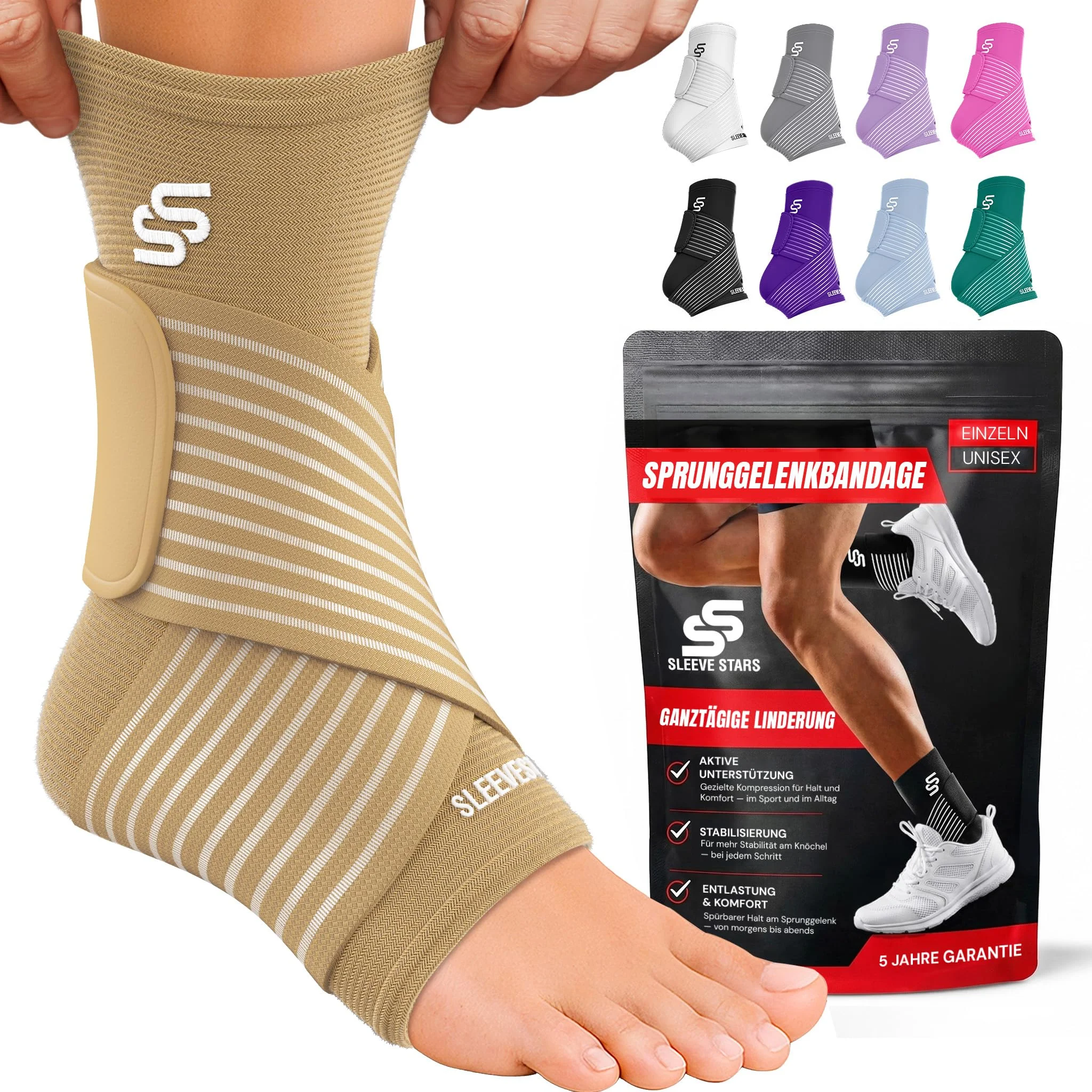 Sleeve Stars Sprunggelenkbandage | Plantarfasziitis & Achillessehnen Entlastung | Bandage Fußgelenk & Knöchelbandage mit verstellbarem Riemen | Fußbandage rechts oder links | beige