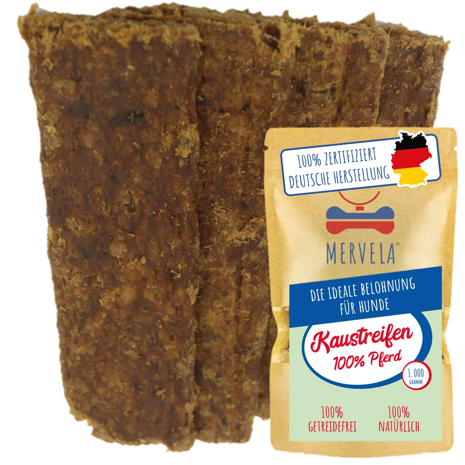 MERVELA® Pferd Fleischstreifen | 1.000 Gramm [Qualität aus Deutschland ] für Allergiker Sensitive Hunde | Belohnung | Trainingssnack | getreidefrei | Hundesnack