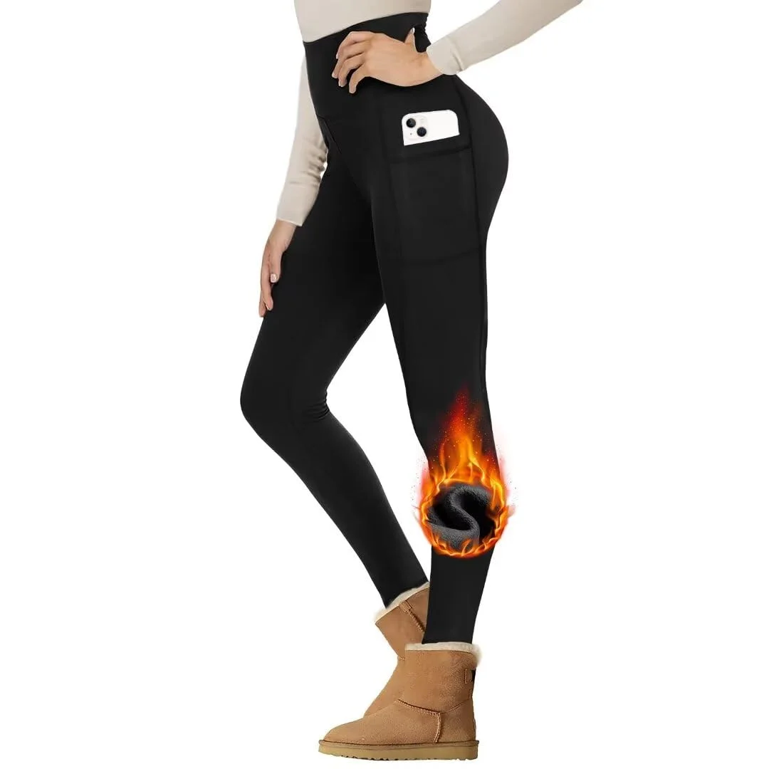 Gayhay Thermo Leggings Damen Gefütterte Winter mit Taschen für Sport Yoga | High Waist Thermohose Warm Fleecehose Blickdicht Thermounterwäsche Strumpfhose Winterkleid