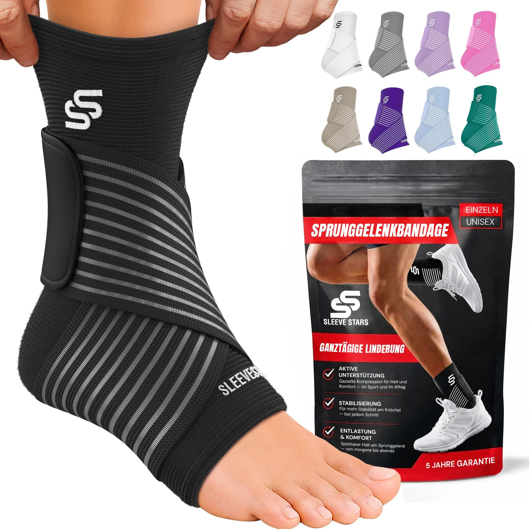 Sleeve Stars Sprunggelenkbandage | Bandage Fußgelenk & Knöchelbandage mit verstellbarem Riemen | Fußbandage rechts oder links | Plantarfasziitis & Achillessehnen Entlastung | schwarz