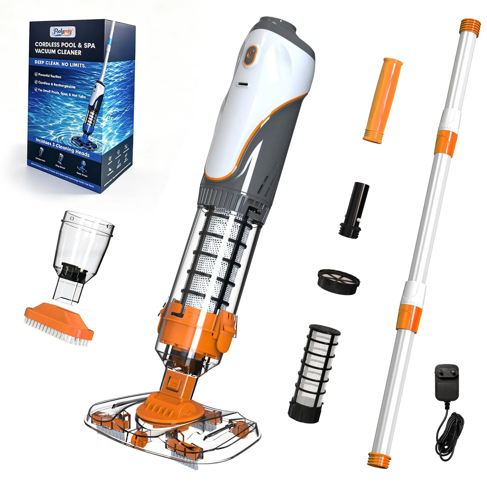 PoolyPoly 2026 Poolsauger Akku, Pool Staubsauger Handsauger Kabellos | Doppelte Filtration Pool Bodensauger, Poolreiniger mit Teleskopstange, Ideal für kleine Pools, Spas, Whirlpools, Orange