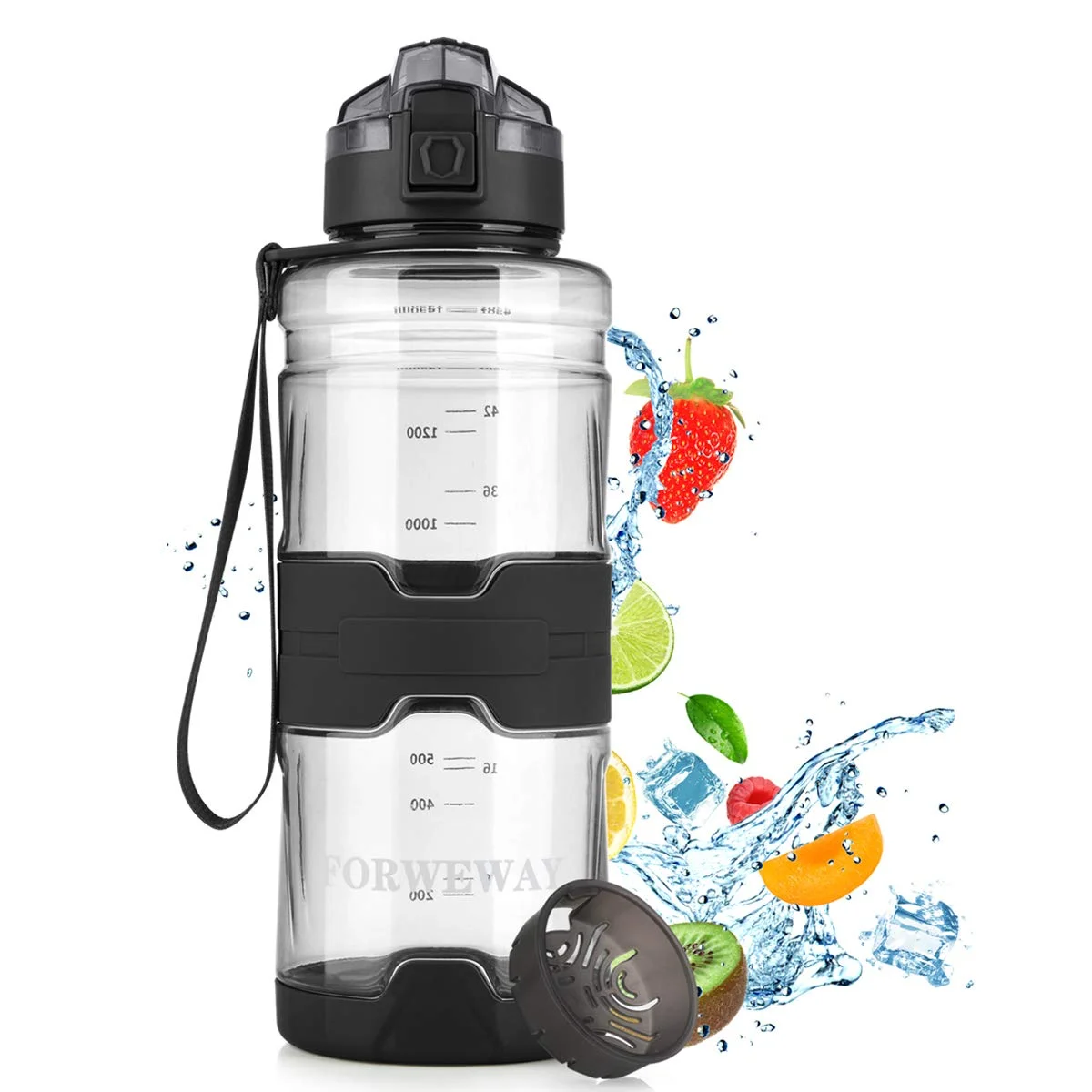FORWEWAY Trinkflasche Sport 1,5 Liter BPA-Frei Wasserflasche Auslaufsicher Outdoor Tritan Kohlensäure Geeignet Sportflasche mit Filter Für Kinder Schule Gym Fitness Fahrrad Büro (Schwarz)