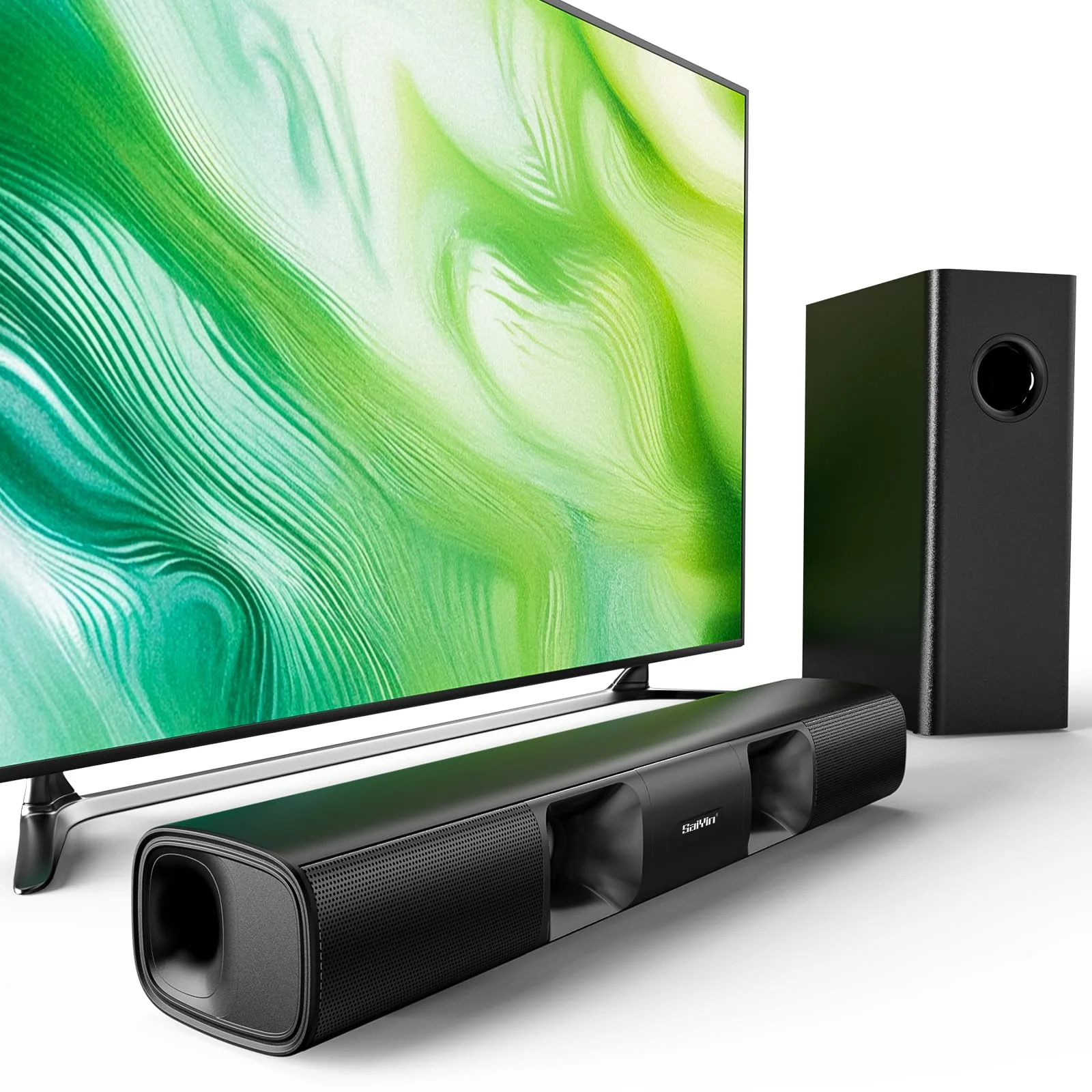 Saiyin 90W 2.1-Kanal Soundbar mit Subwoofer für TV Geräte | knackige Stimmen & tiefe Bässe, optischer/AUX/Bluetooth-Eingang, für TV/PC/Projektor, Wandmontierbar