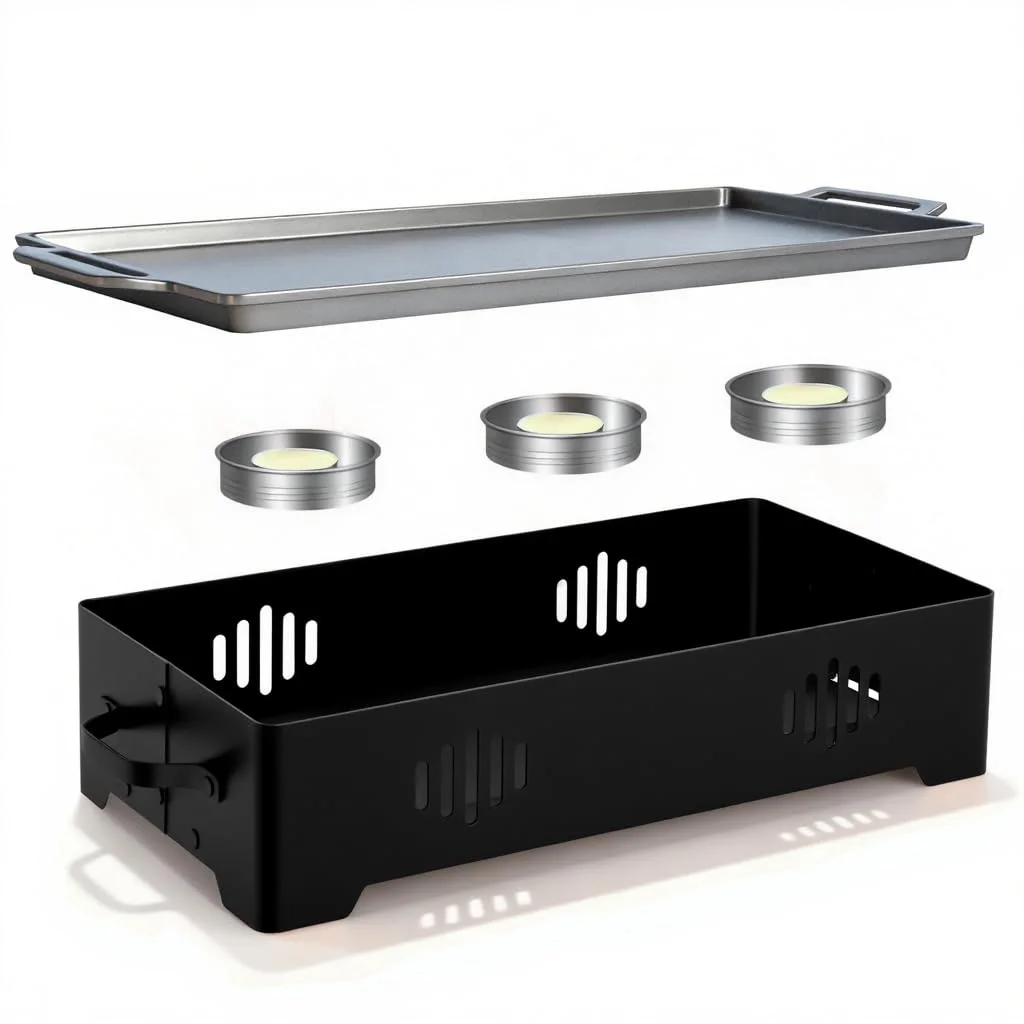 BillionFun BBQ Warmhalteplatte, Aluminium Grill Warmhalteplatte | Warmhaltebehälter für Essen&Grillgut| Antihaft |Warmhalteplatte Grillgut Teelicht | Grill Zubehör für Outdoor & Garten(BLACK)