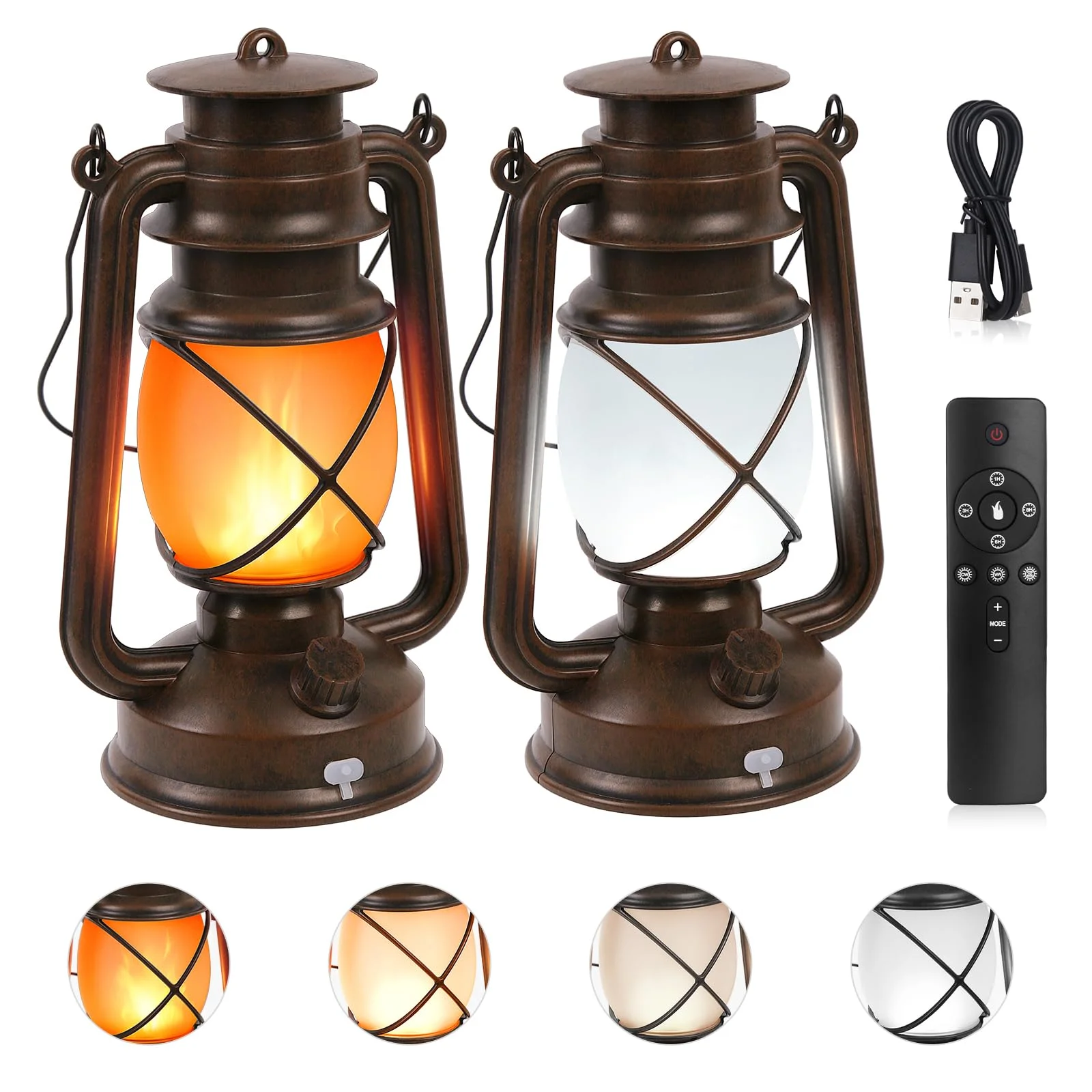 Shinmax Wiederaufladbare LED Laterne, 2er Set Vintage Gartenlaterne mit Flackereffekt, 4 Lichtmodi, Fernbedienung, USB Akku, Retro Hängelaterne für Balkon, Terrasse, Camping, Party & Deko