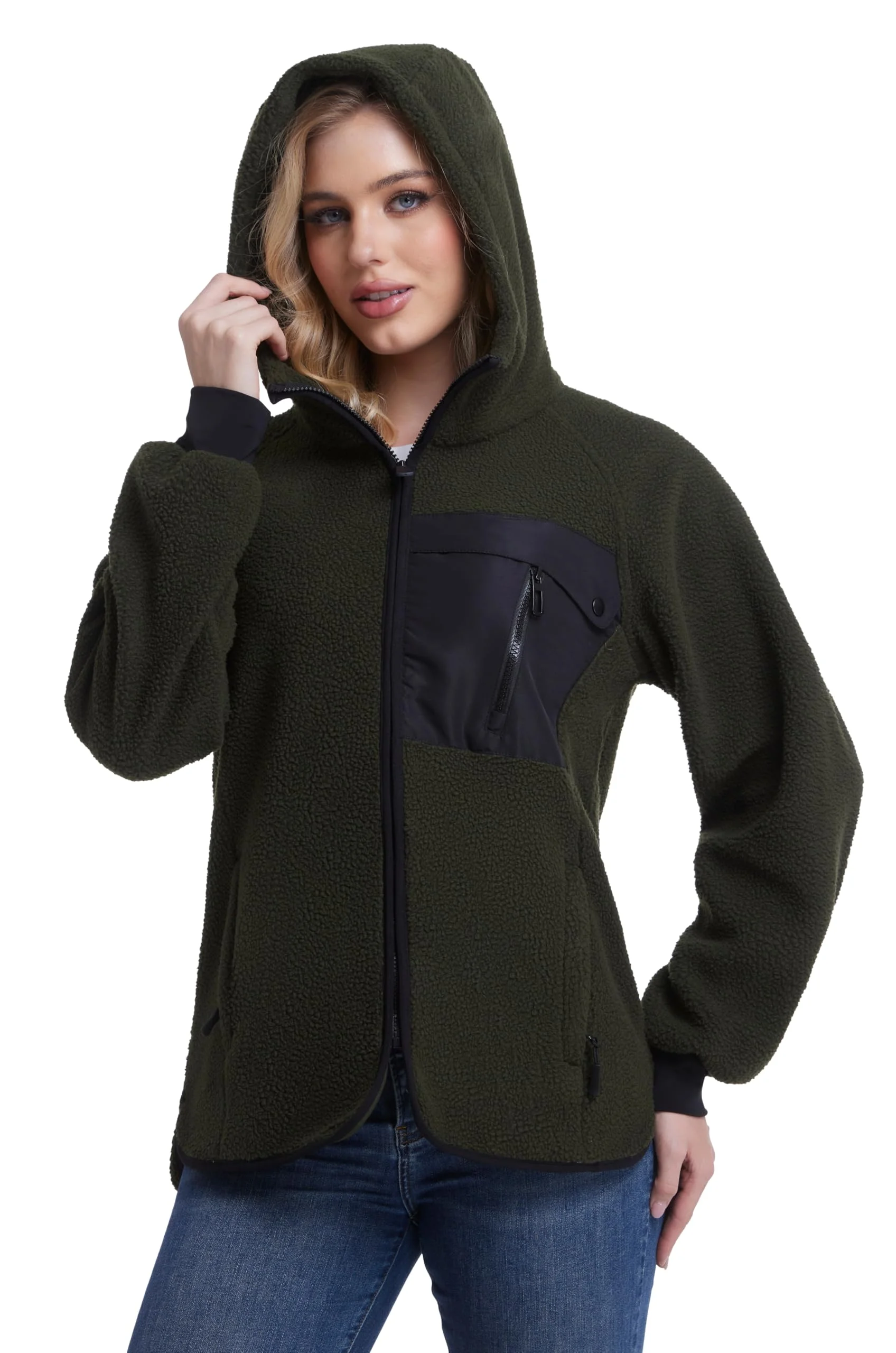 Mnking Damen Fleecejacke mit Kapuze Dicke Warme Polar Fleece Jacke Winter Full Zip Hoodie Winddicht Winterjacke für Outdoor Laufen Wandern Ski