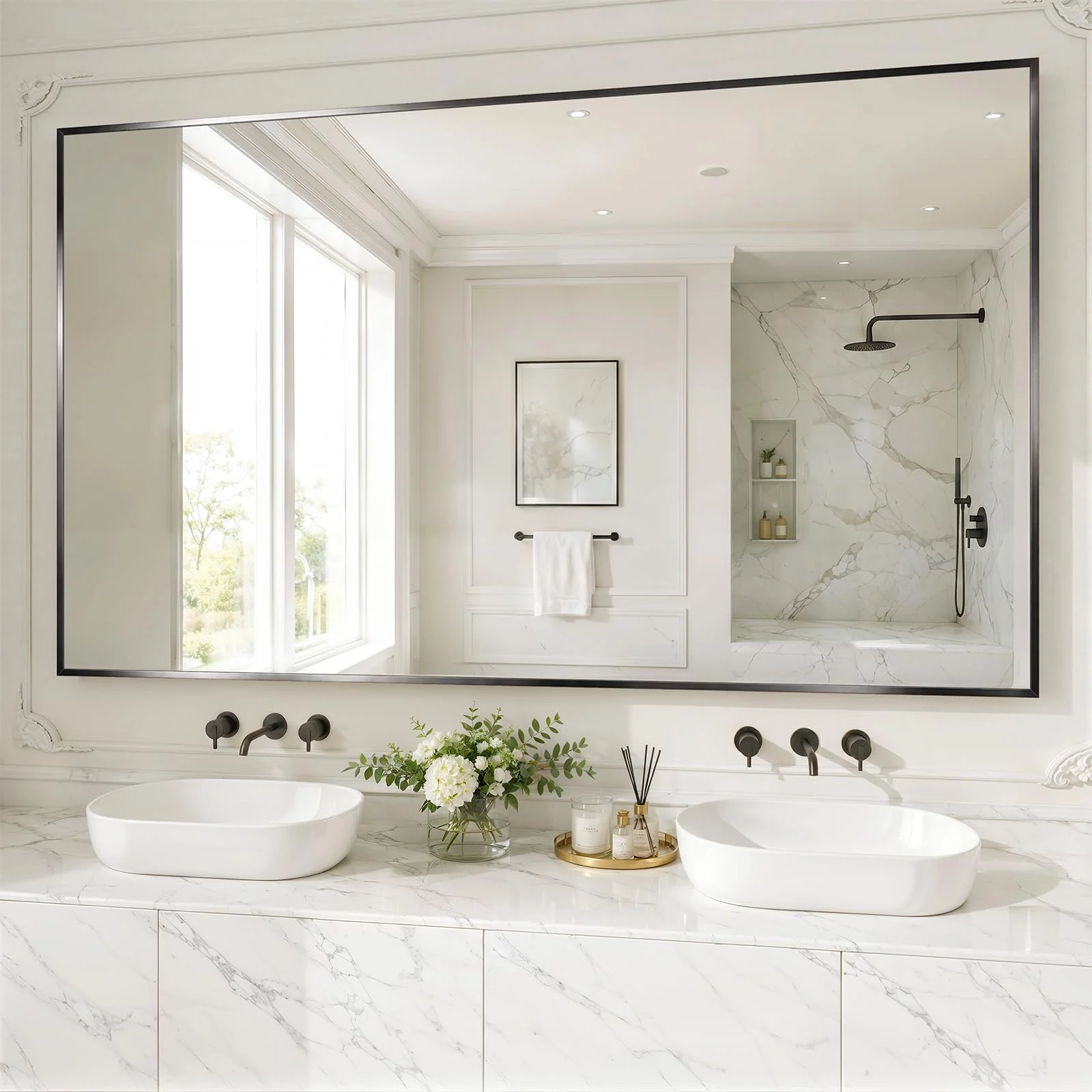 XRAMFY Badspiegel 152×90CM, Wandspiegel mit Bruchsicherer Spiegel aus Gehärtetem Glas, Spiegel Bad Rostschutz, Badezimmerspiegel für Schlafzimmer, Bad, Wohnzimmer, Eingangsbereich, Schwarz