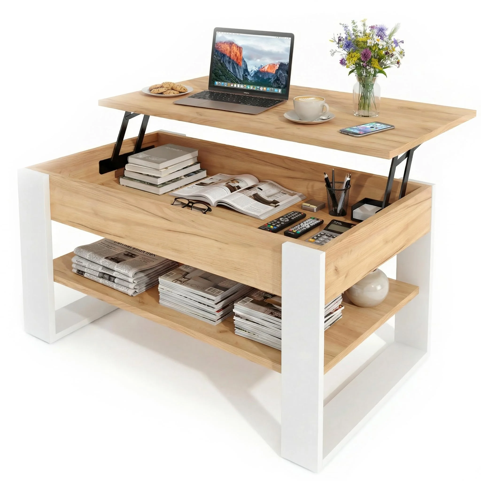 möbelkap Couchtisch mit anhebbarer Platte | Höhenverstellbarer Wohnzimmertisch mit Stauraum | Craft Gold Weiß modern mit Ablage & verstecktem Fach – Coffee Table für Wohnzimmer & Büro