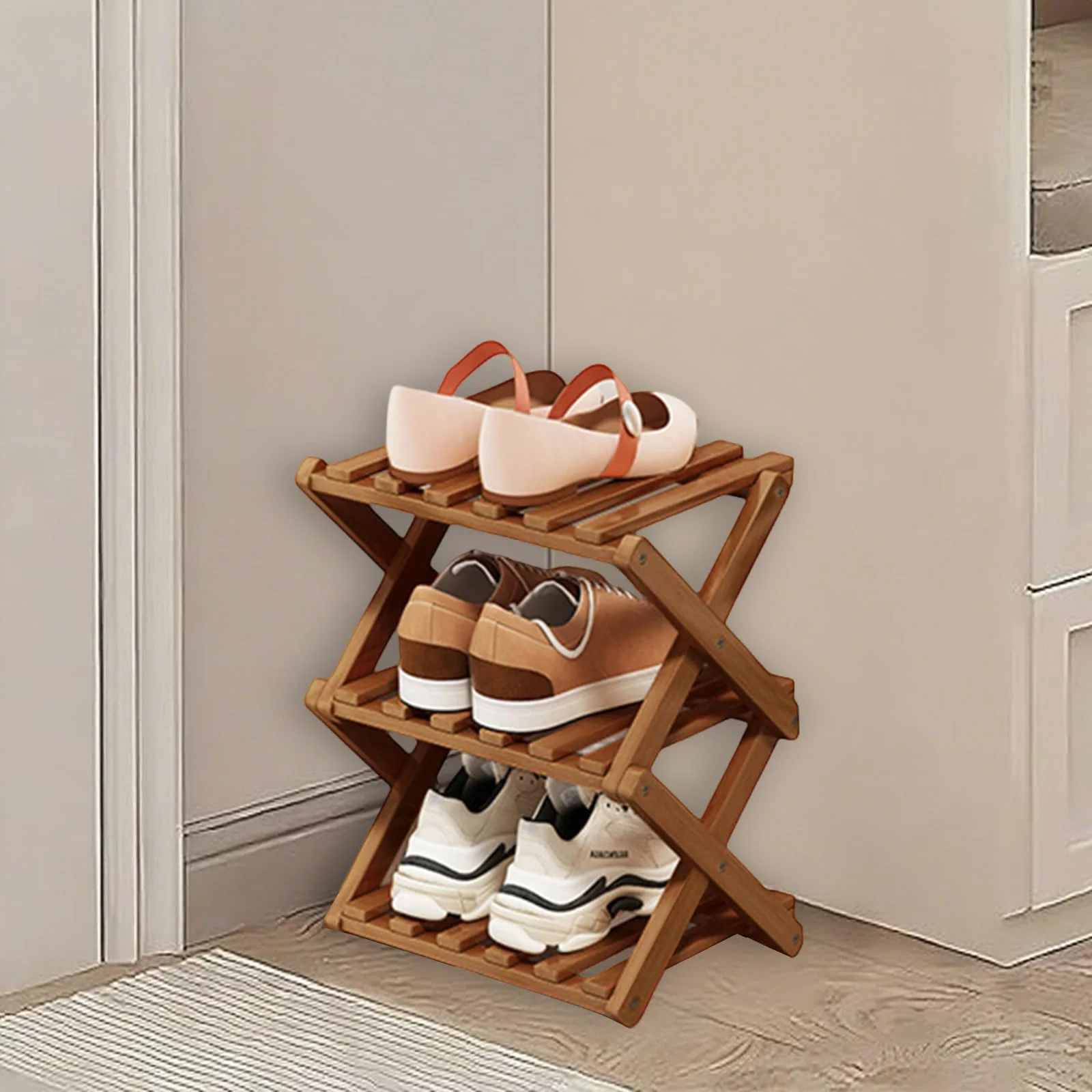 kiss me faltbares Schuhregal aus Holz, 3 Etagen, platzsparend, braun
