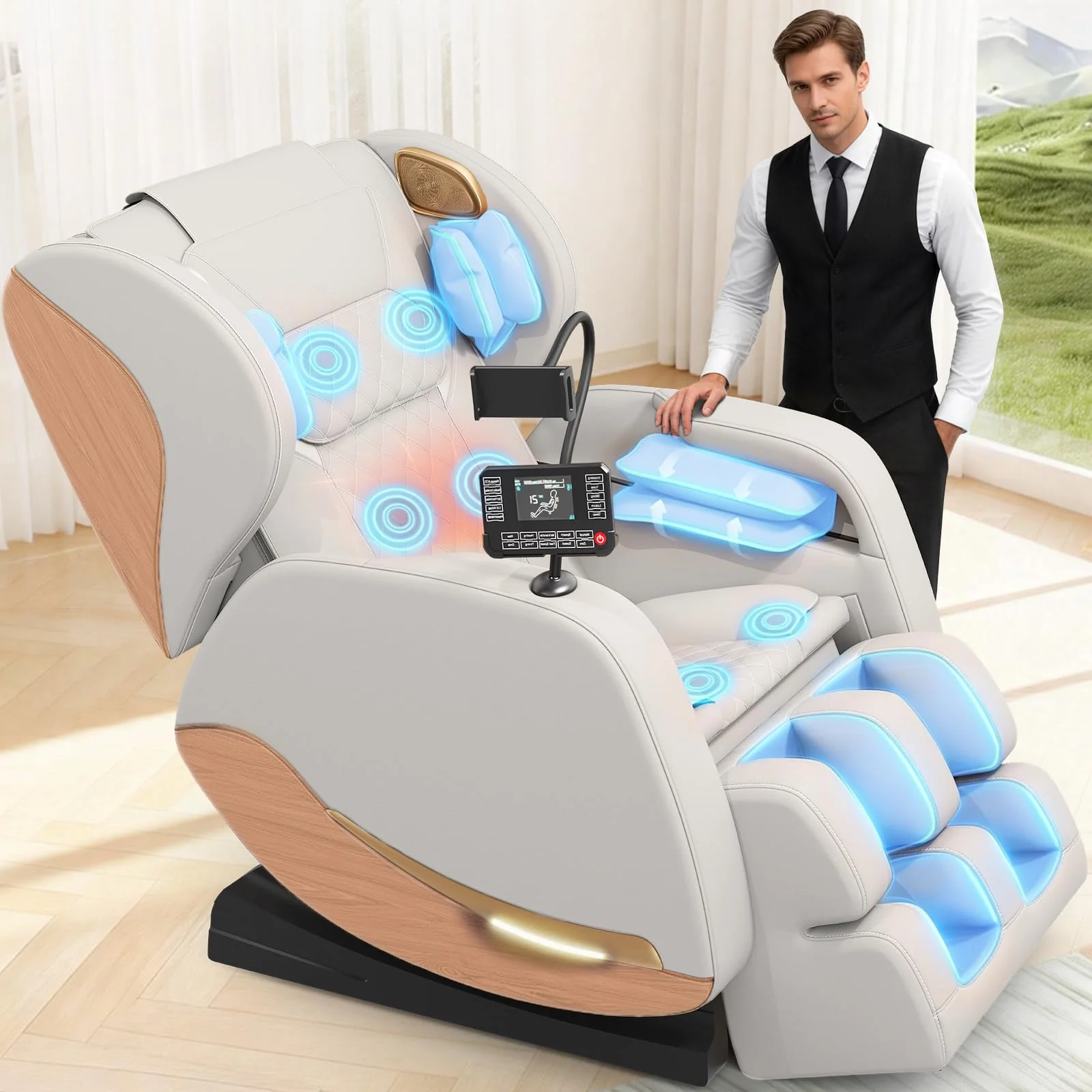 Ganzkörper Massagesessel mit Wärmefunktion,14 Ganzkörper-Massagerollen | 8 Airbags,Fußsohlenmassage, Schwerelosigkeit,Bluetooth-Lautsprecher,12 cm verstellbare Fußstütze,Touchscreen-Controller
