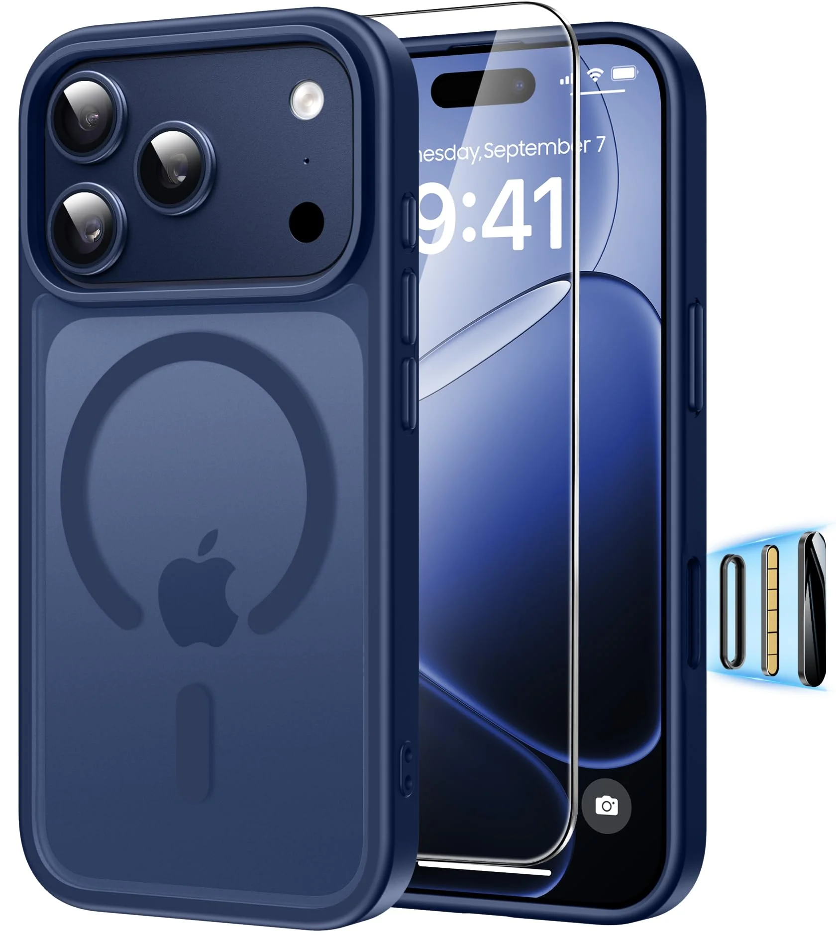 Guisessy Magnetisch für iPhone 17 Pro Max Hülle mit Schutzfolie, Dunkelblau | Kompatibel mit MagSafe, Kameratasten-Schutz, Militärschutz Matt Stoßfest Magnetisch Handyhülle für iPhone 17 Pro Max