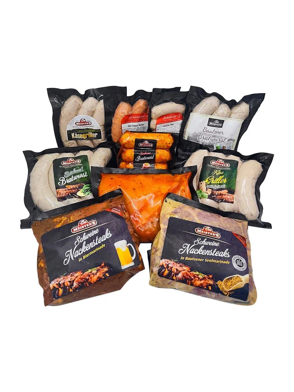 Barbecue Party Grillpaket Fleisch und Wurst mit Bratwürsten, Hähnchen Grillfleisch Steak mariniert vom Schwein, Käsegriller, Rauchwurst - 10x Grillspezialitäten im Grillset