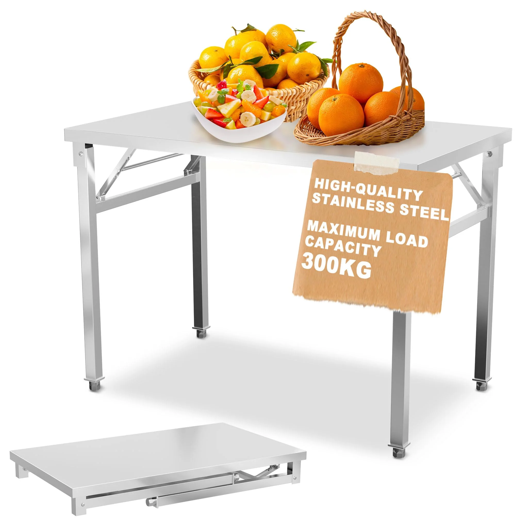 UISEBRT Edelstahl klapptisch mit 300 kg Tragkraft und justierbaren Stellfüßen, Klappbar Arbeitstisch Serviertisch Küchentisch für Gastronomie Küche Bar Restaurant, 120x60x85cm