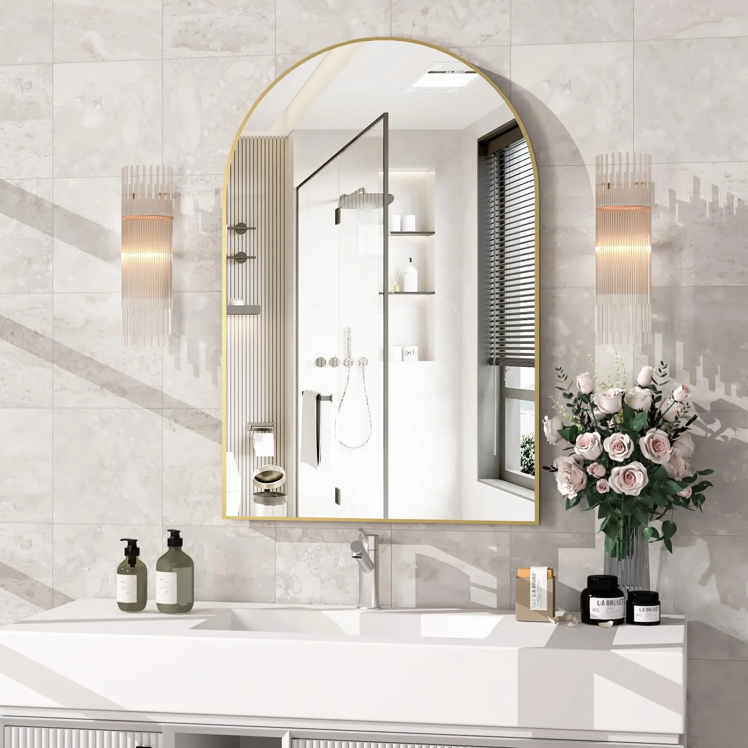 NEUWEABY Gewölbter Wandspiegel für das Badezimmer, 60x90 cm Gewölbter Spiegel Wandspiegel mit Metallrahmen, Gold Eitelkeitsspiegel Dekor für Kaminsims,Schlafzimmer